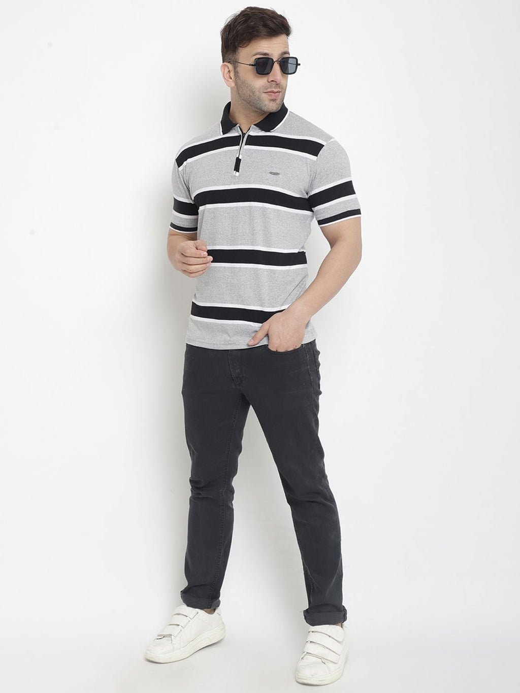 Grey Black Striped Cotton Knit Polo T-Shirt