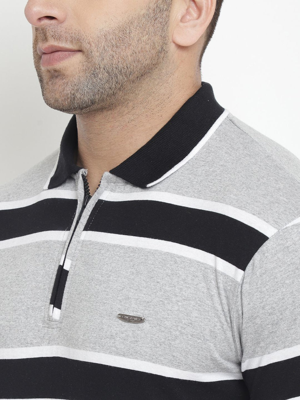 Grey Black Striped Cotton Knit Polo T-Shirt