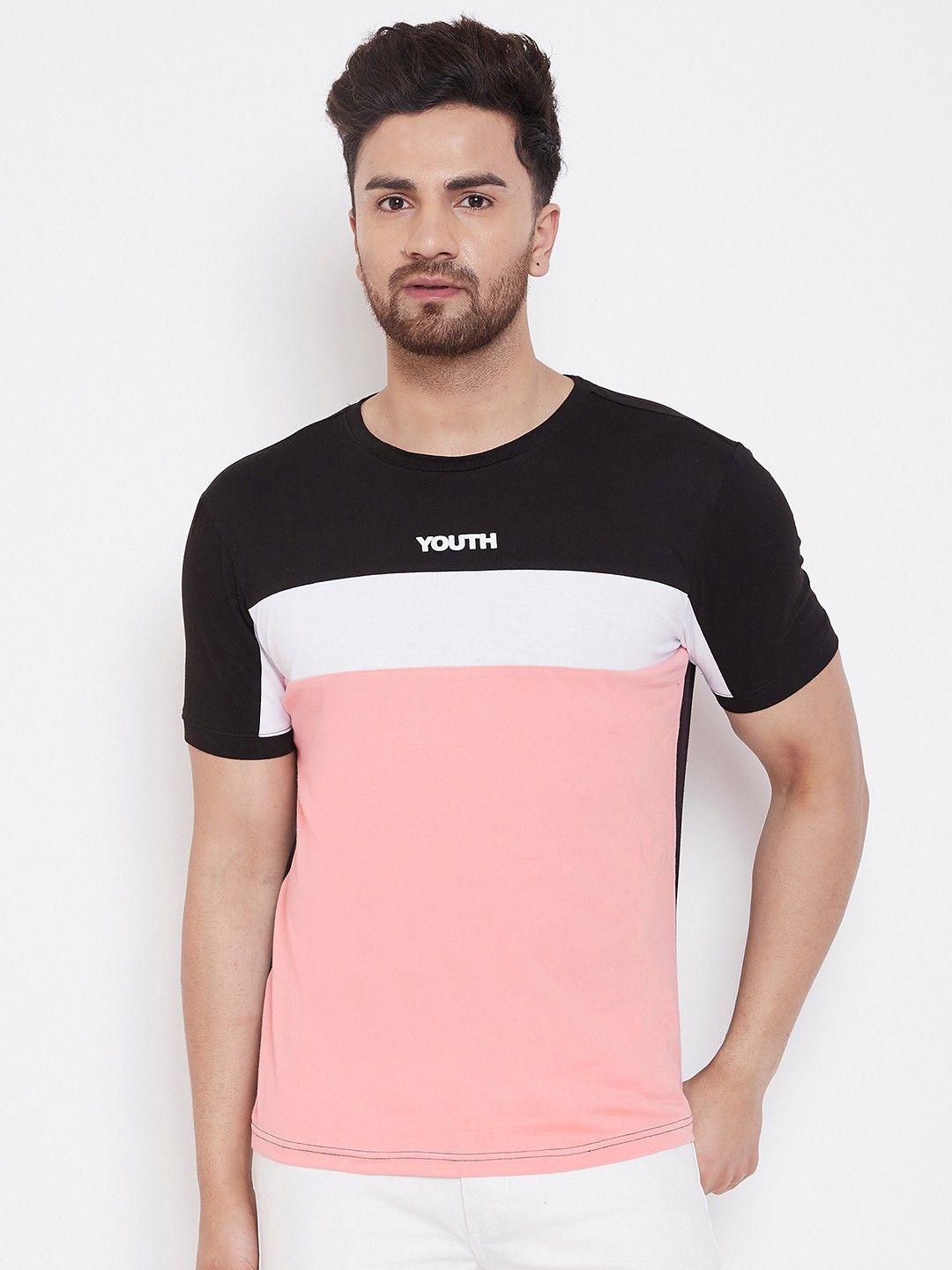 Pink Round Neck Color Blocked T-Shirt