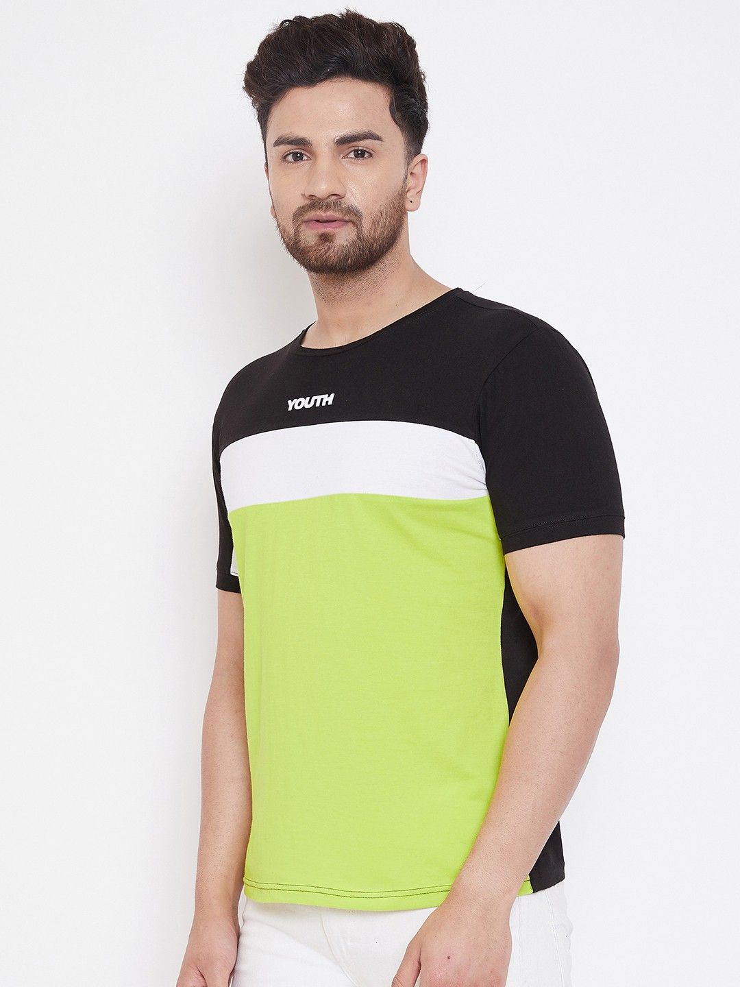 Green Color Blocked Round Neck T-Shirt