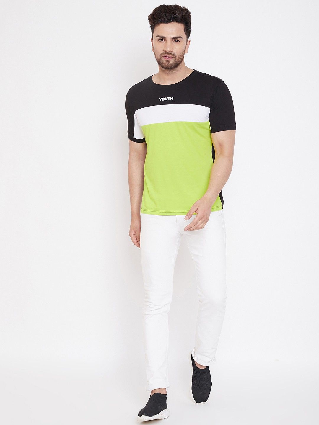 Green Color Blocked Round Neck T-Shirt