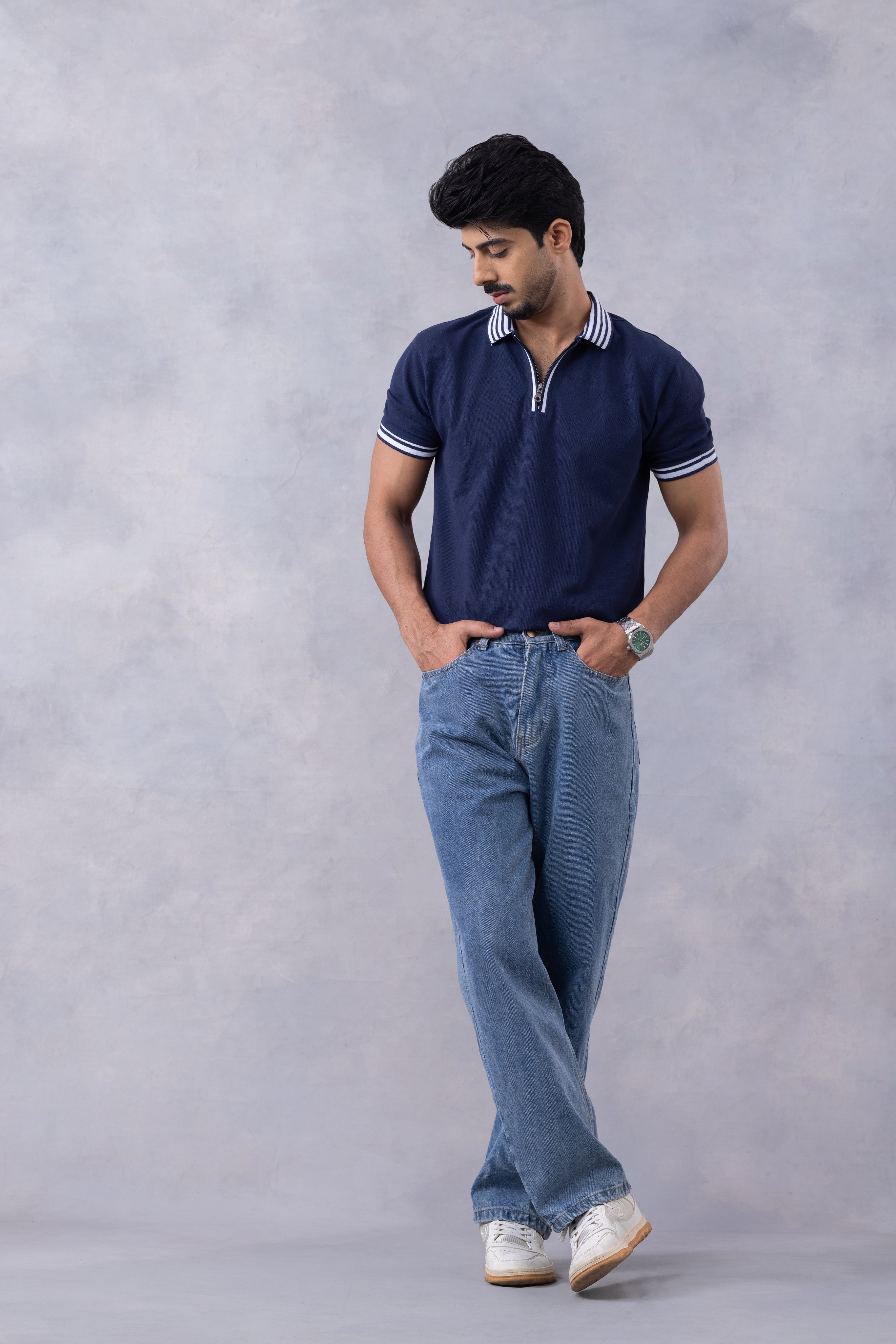 Navy Blue Self Design Zipper T-Shirt