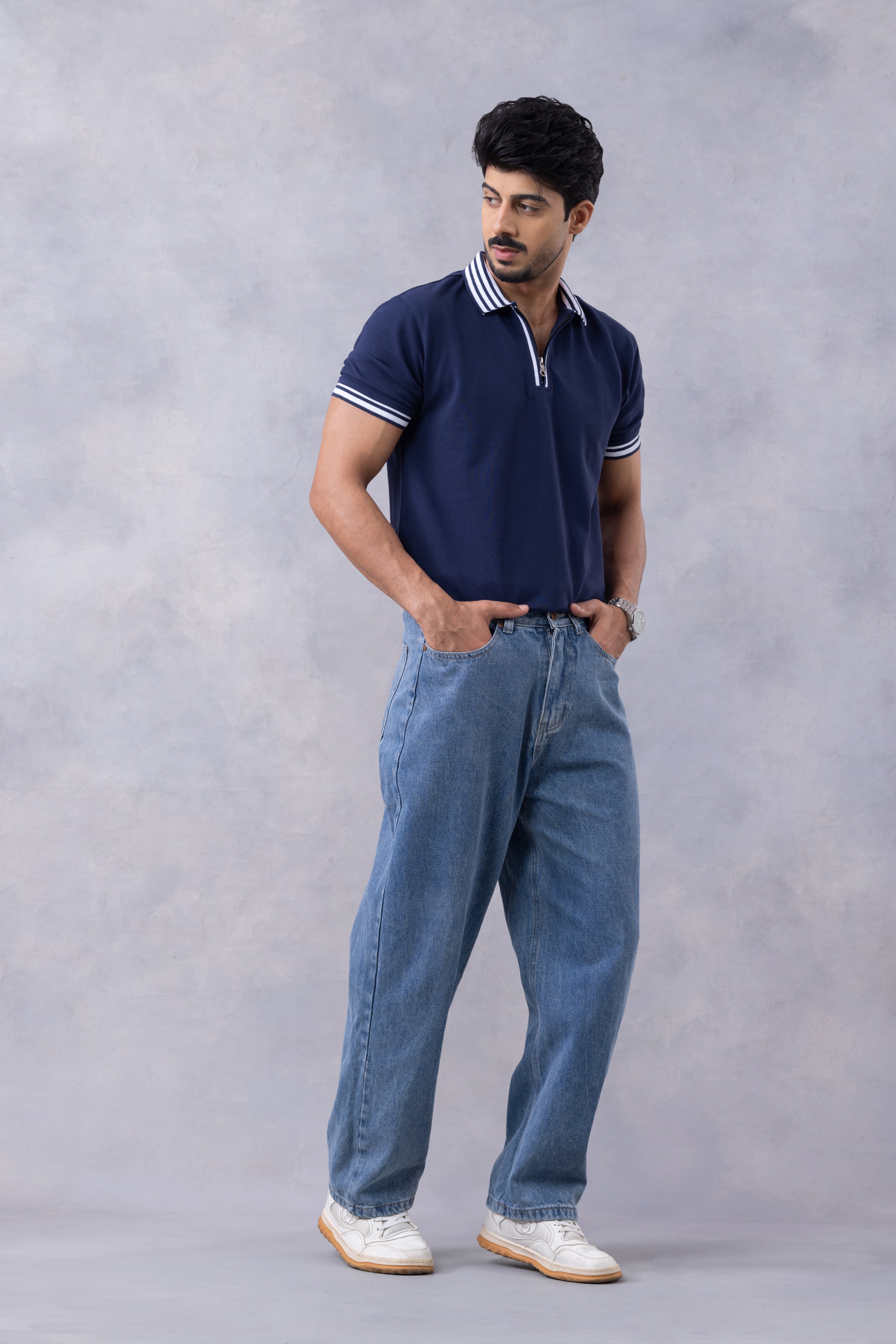 Navy Blue Self Design Zipper T-Shirt