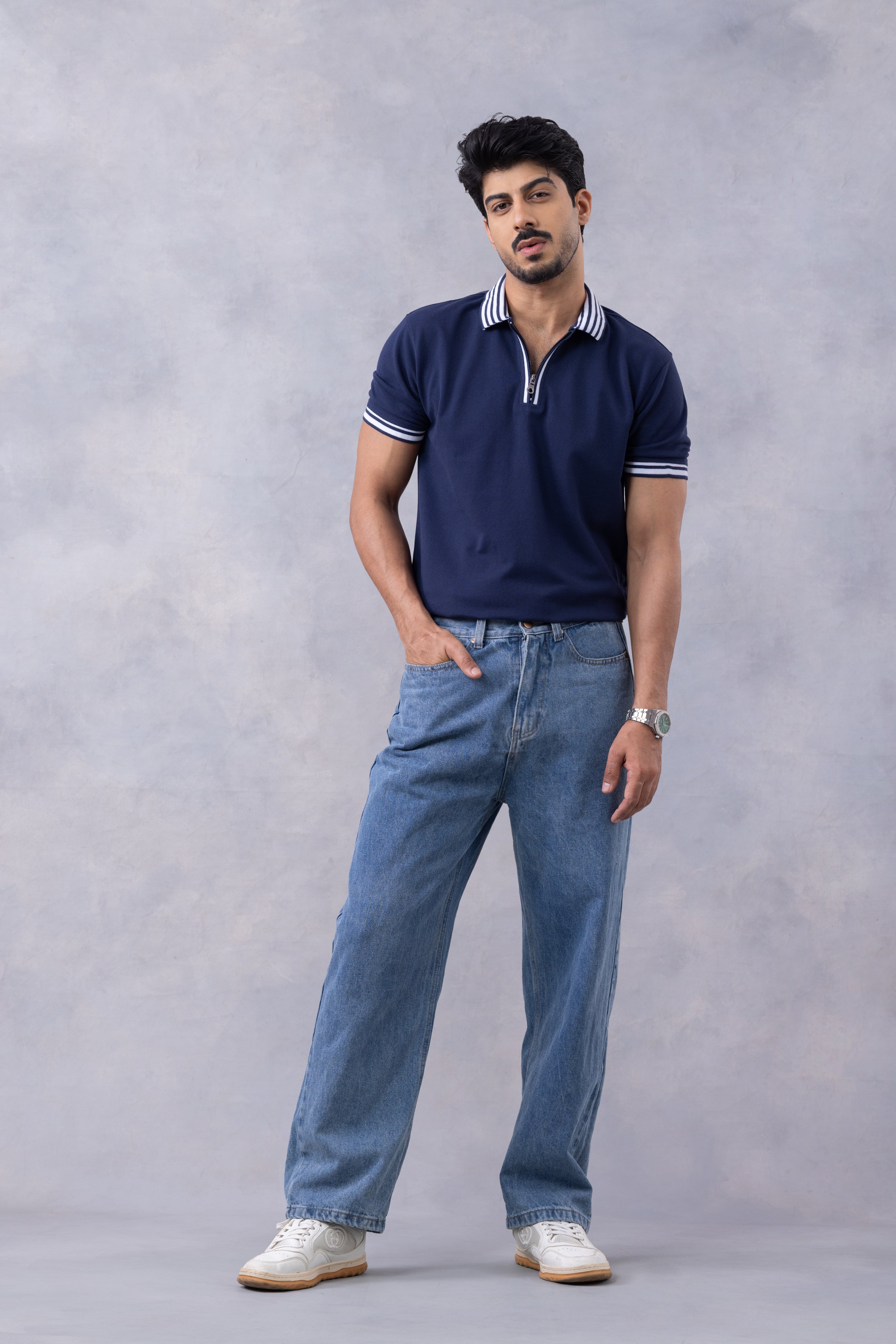 Navy Blue Self Design Zipper T-Shirt