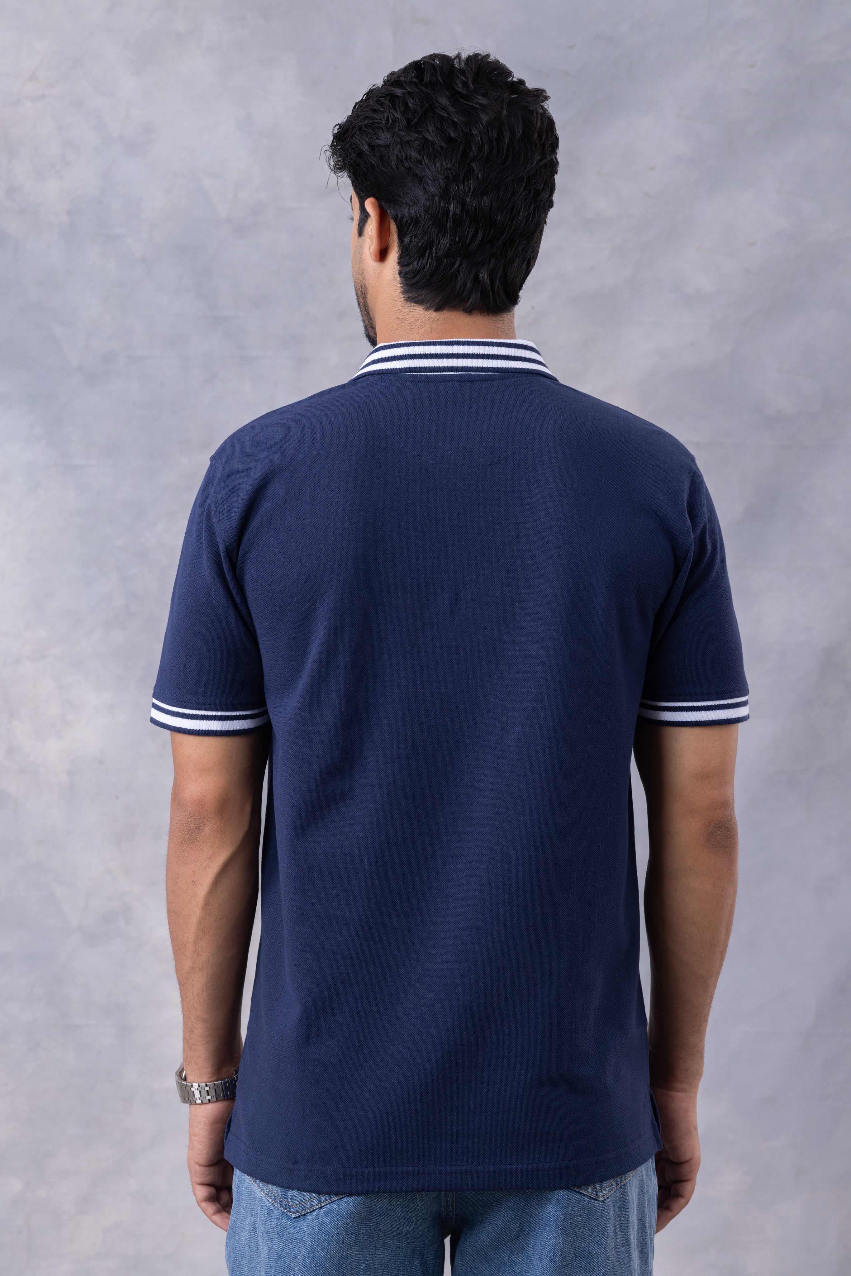 Navy Blue Self Design Zipper T-Shirt