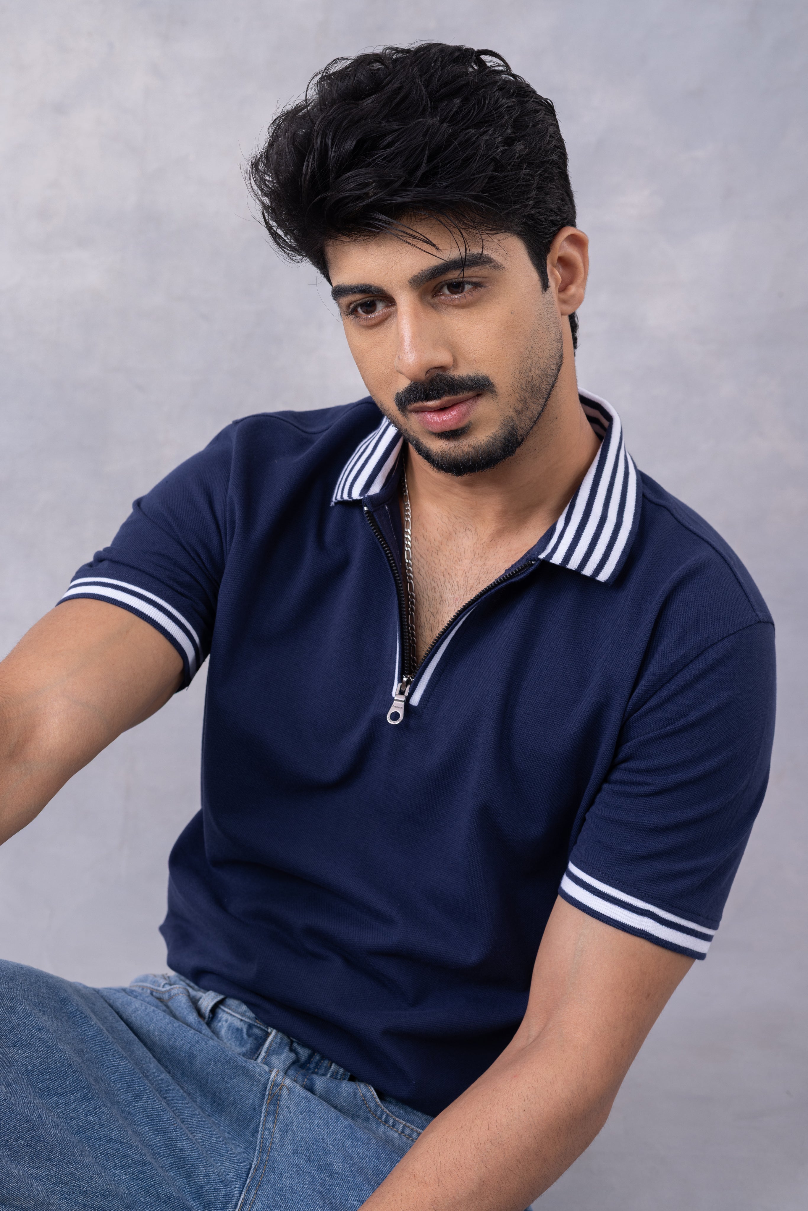 Navy Blue Self Design Zipper T-Shirt