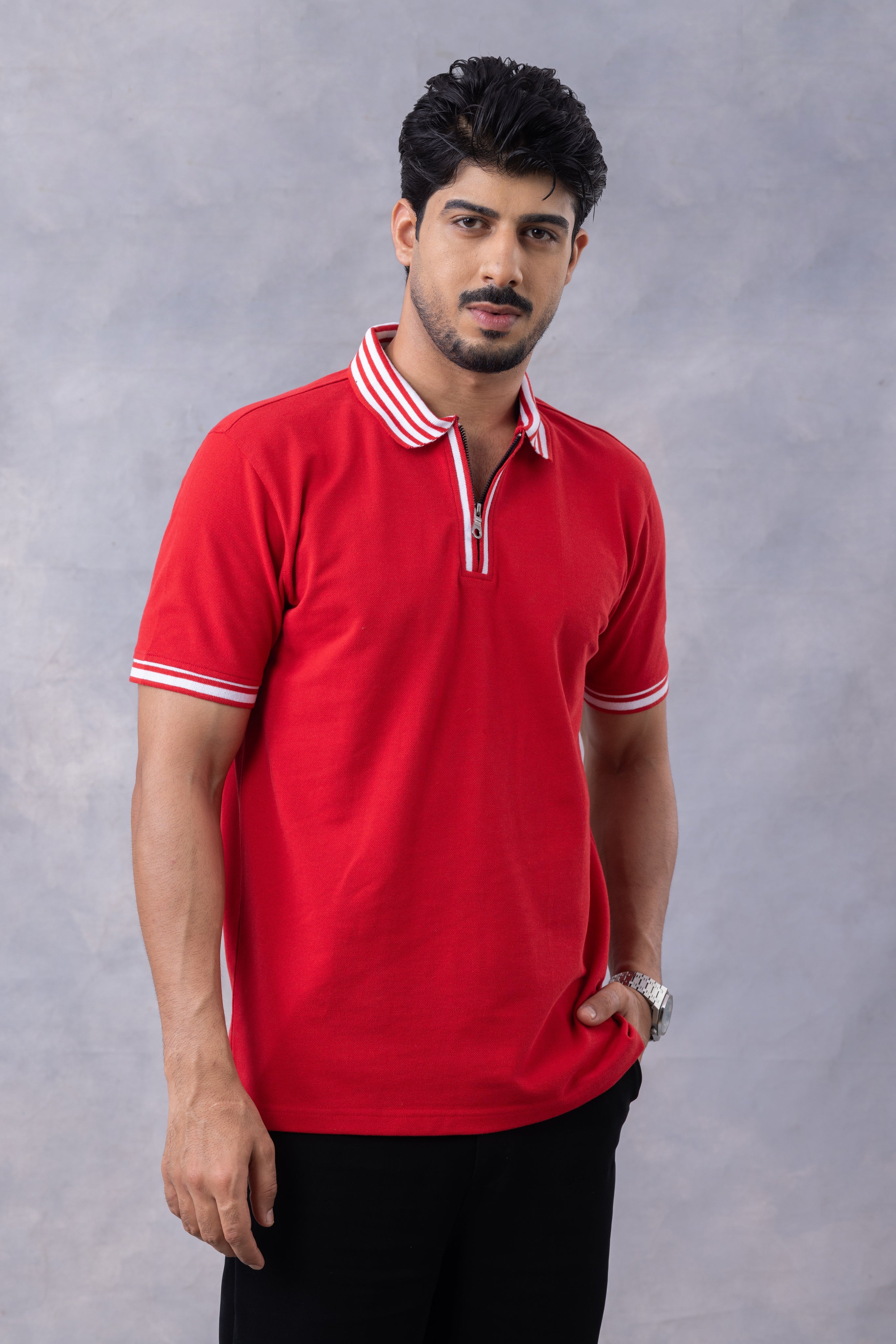 Red Self Design Pique Zipper Polo T-Shirt