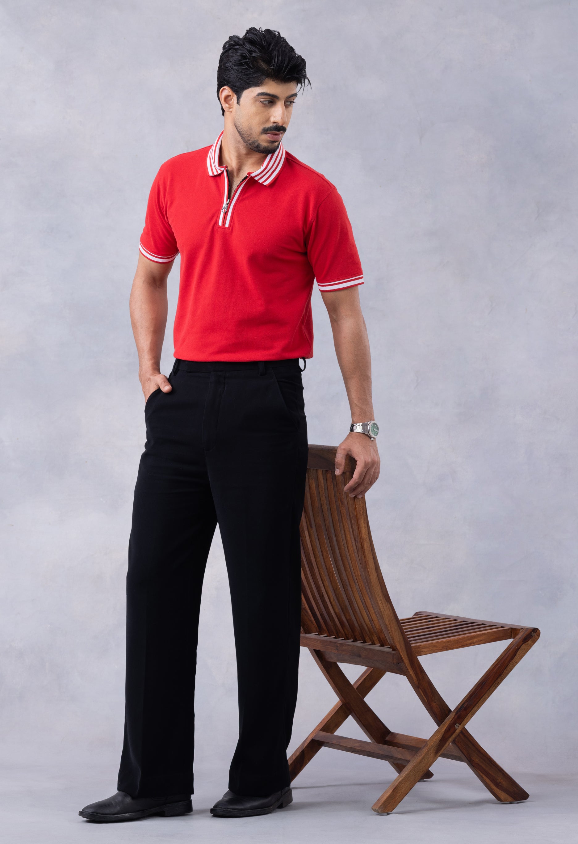 Red Self Design Pique Zipper Polo T-Shirt