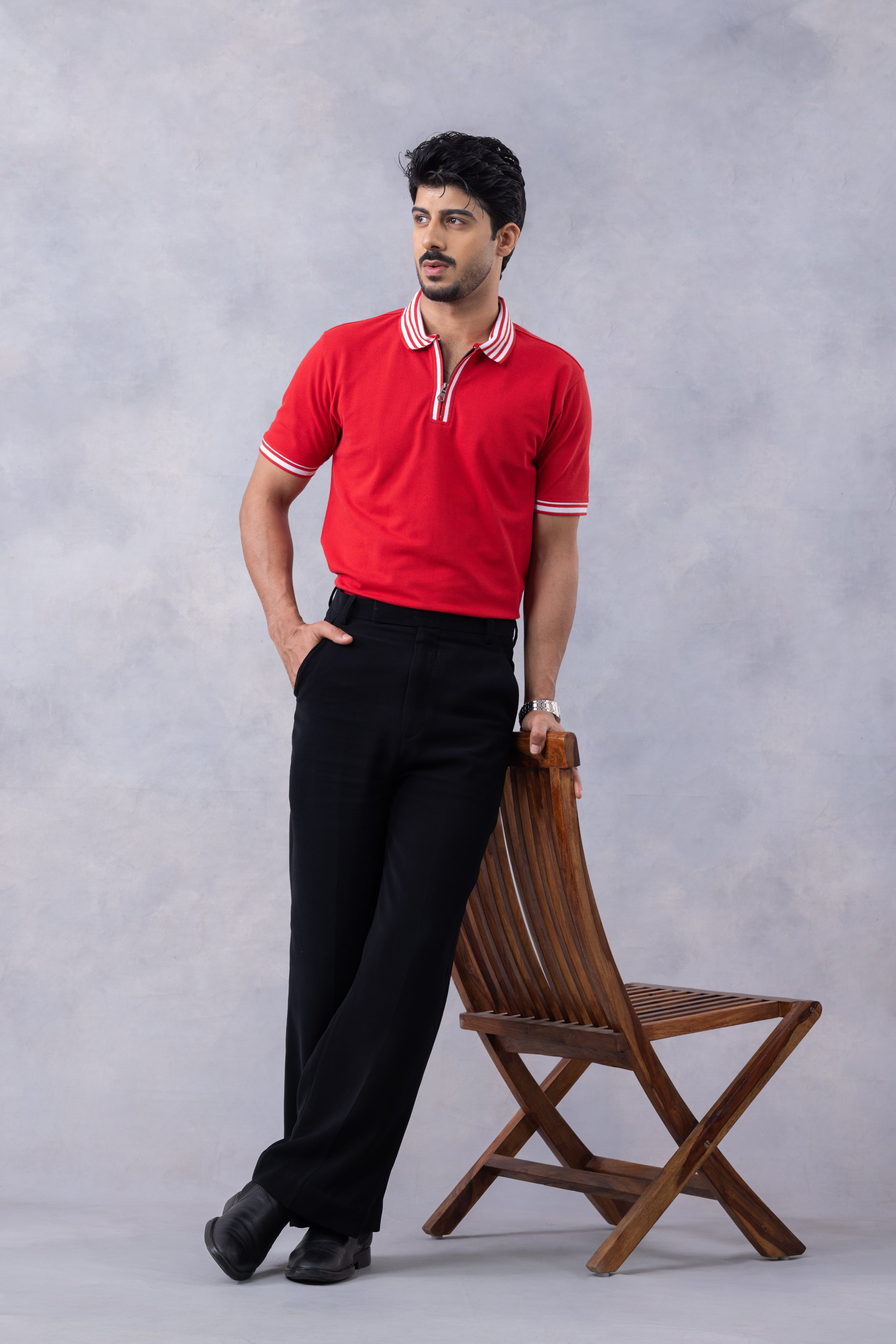 Red Self Design Pique Zipper Polo T-Shirt