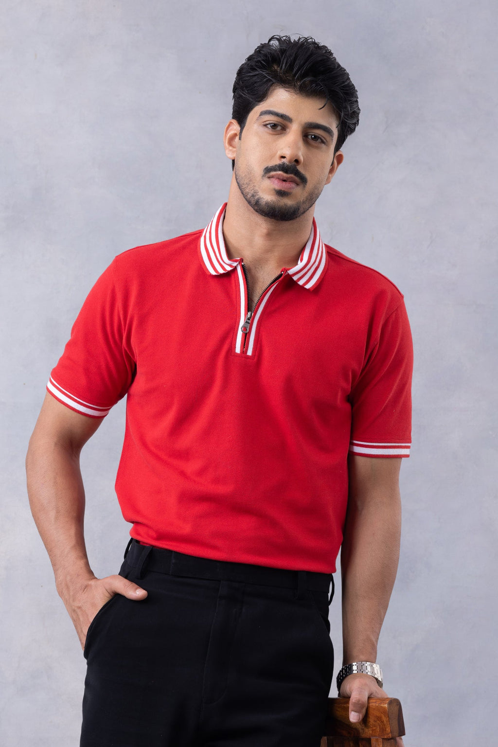 Red Self Design Pique Zipper Polo T-Shirt
