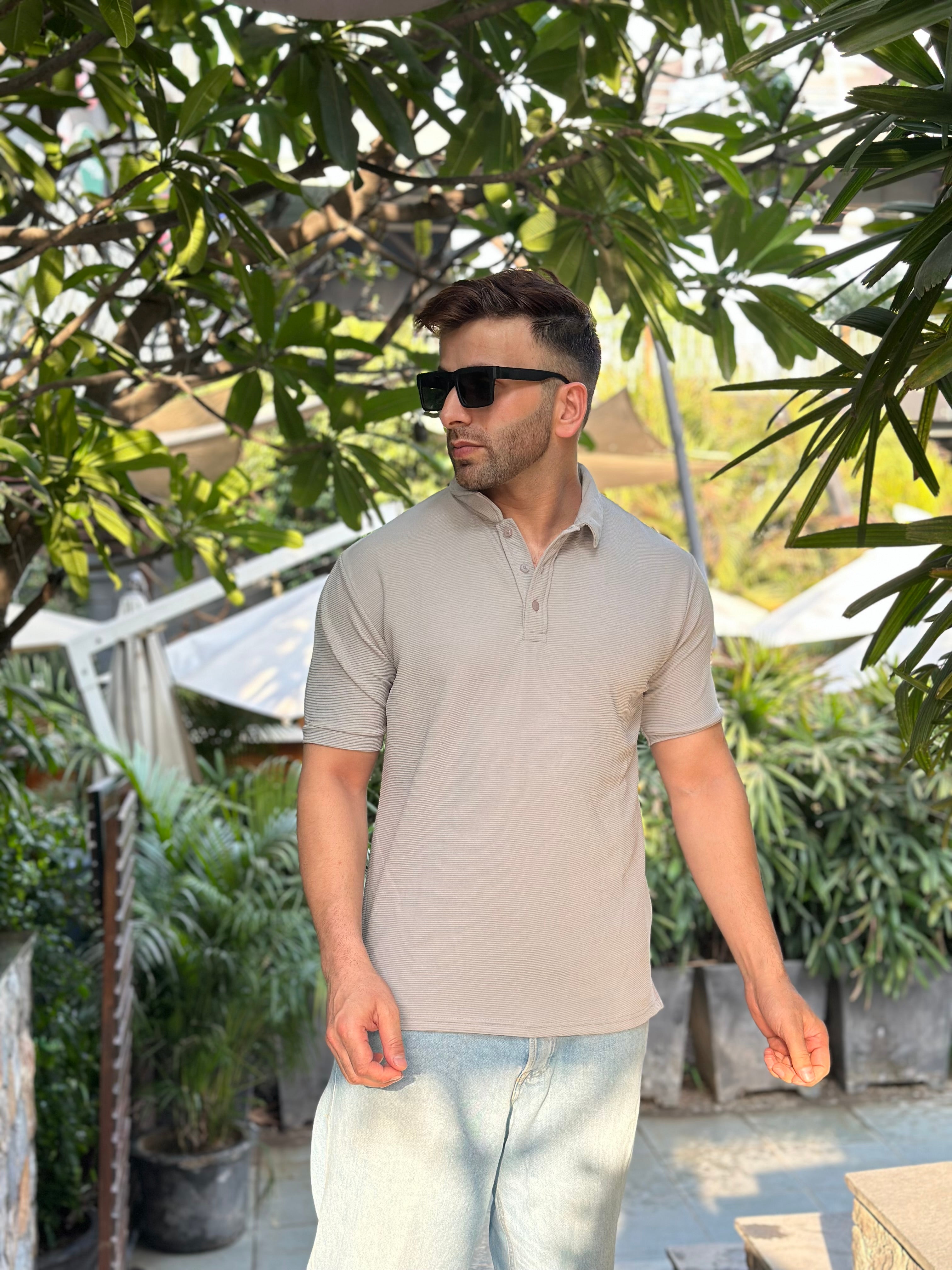 Grey Melange Textured Polo T-Shirt