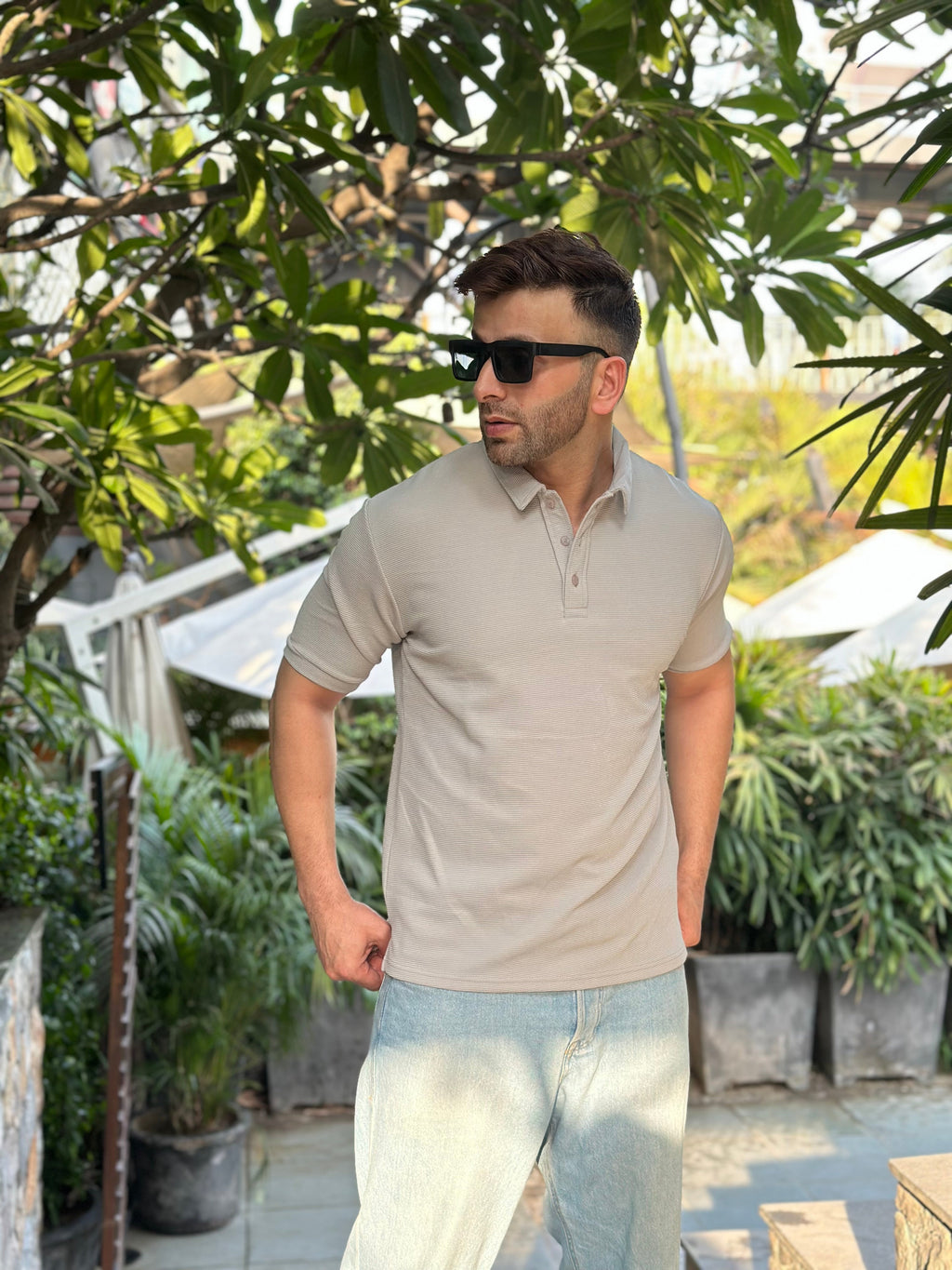Grey Melange Textured Polo T-Shirt