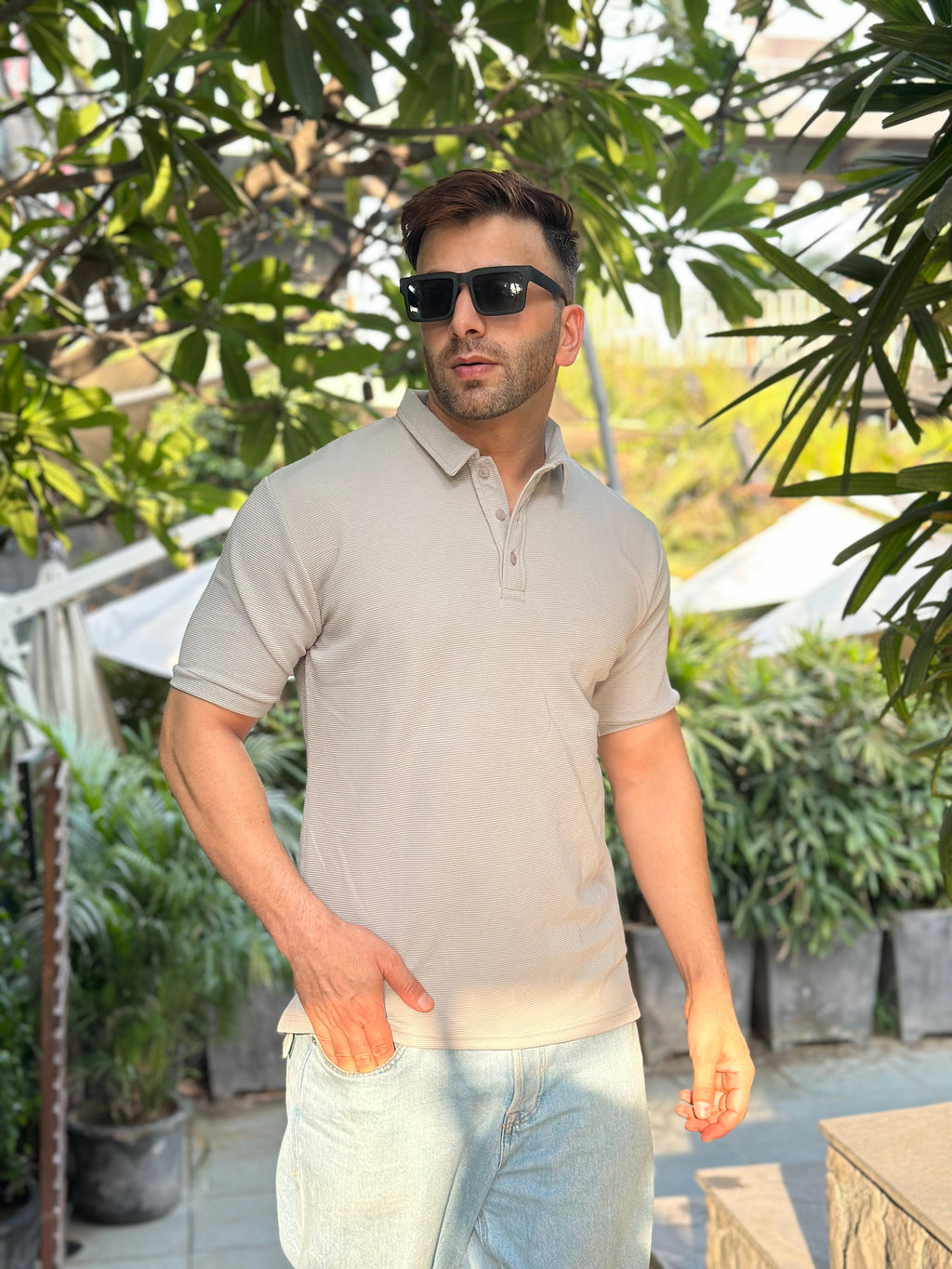 Grey Melange Textured Polo T-Shirt