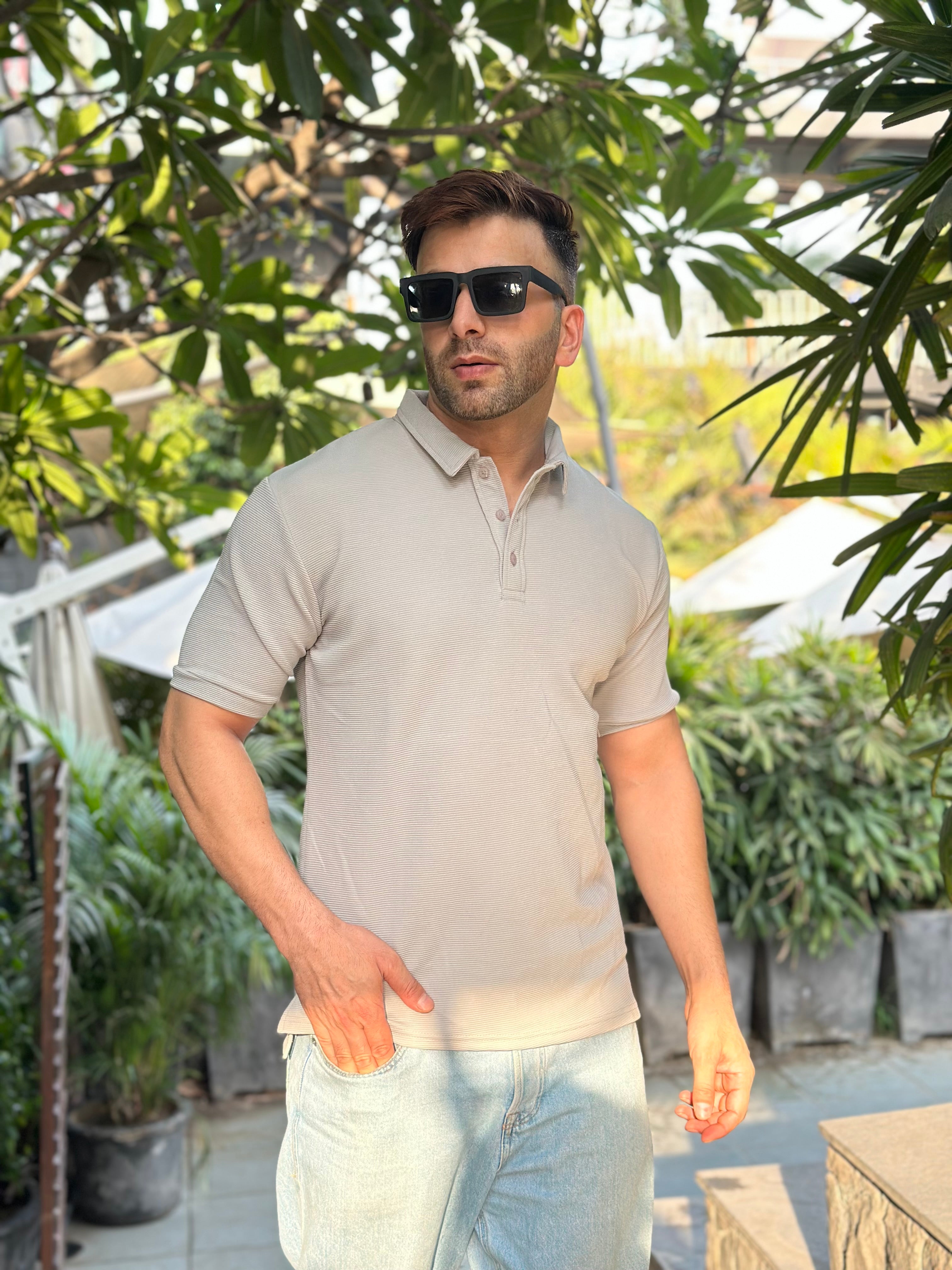 Grey Melange Textured Polo T-Shirt