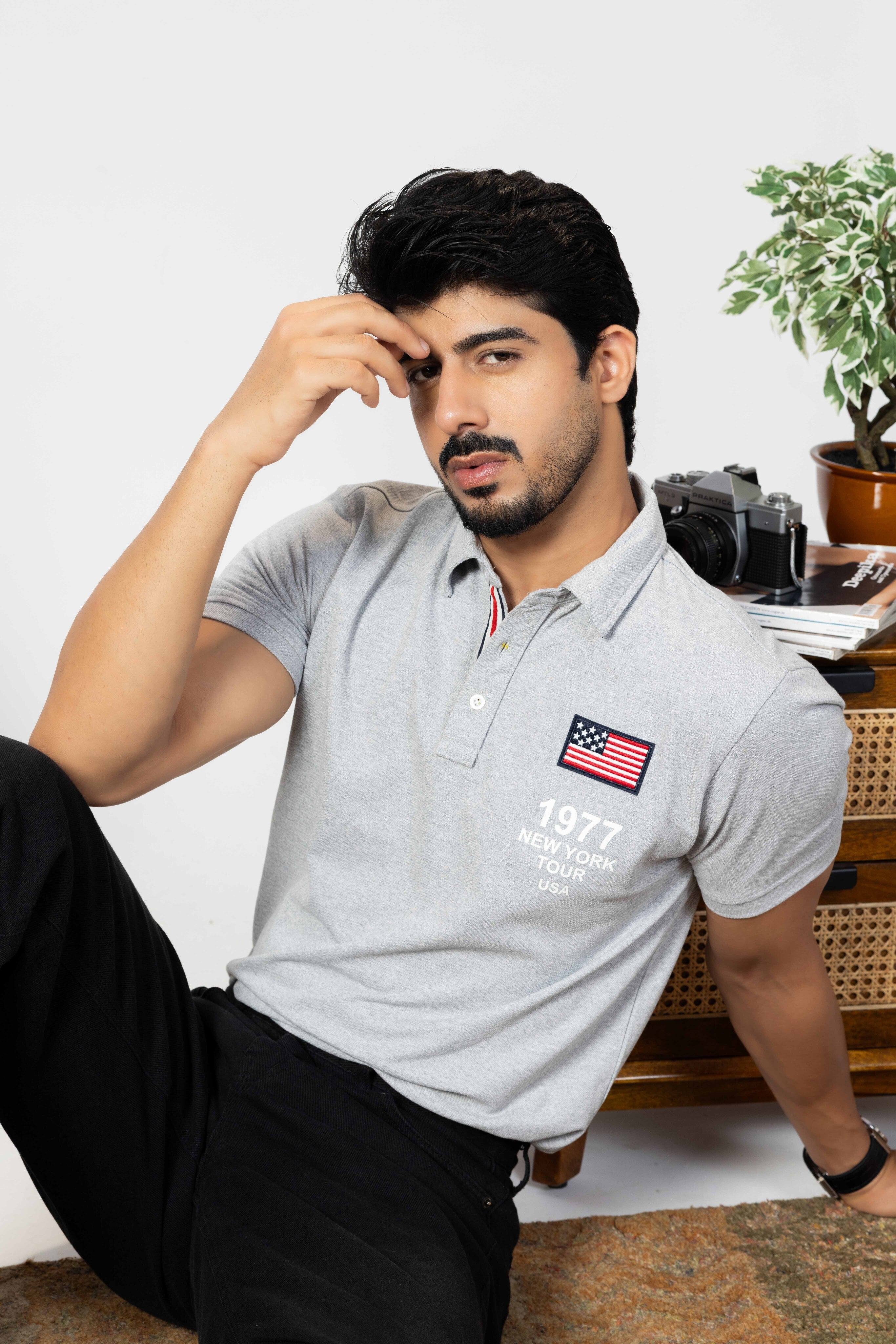 Grey Melange Cotton Half Sleeve  Polo T-Shirt with Collar