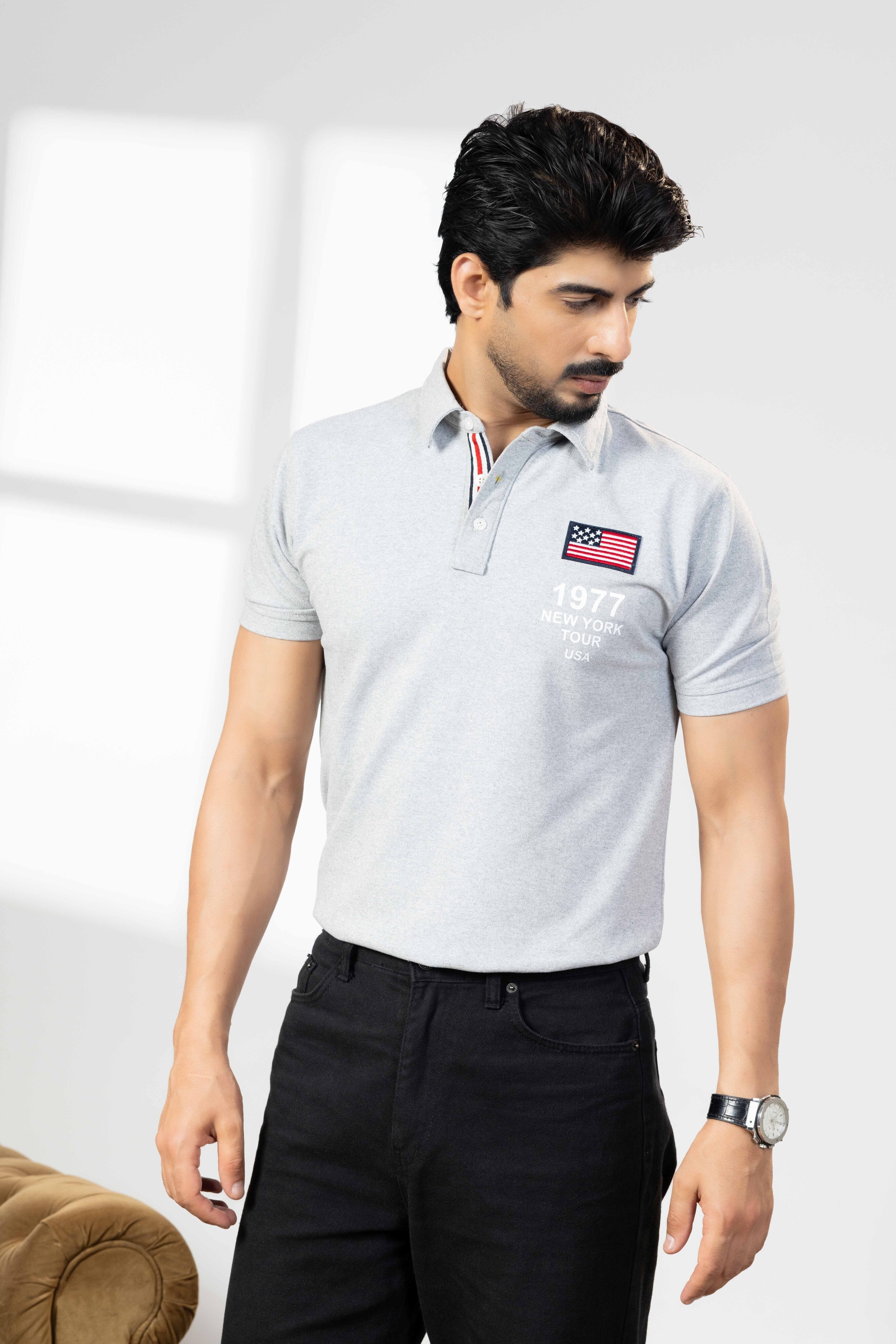 Grey Melange Cotton Half Sleeve  Polo T-Shirt with Collar
