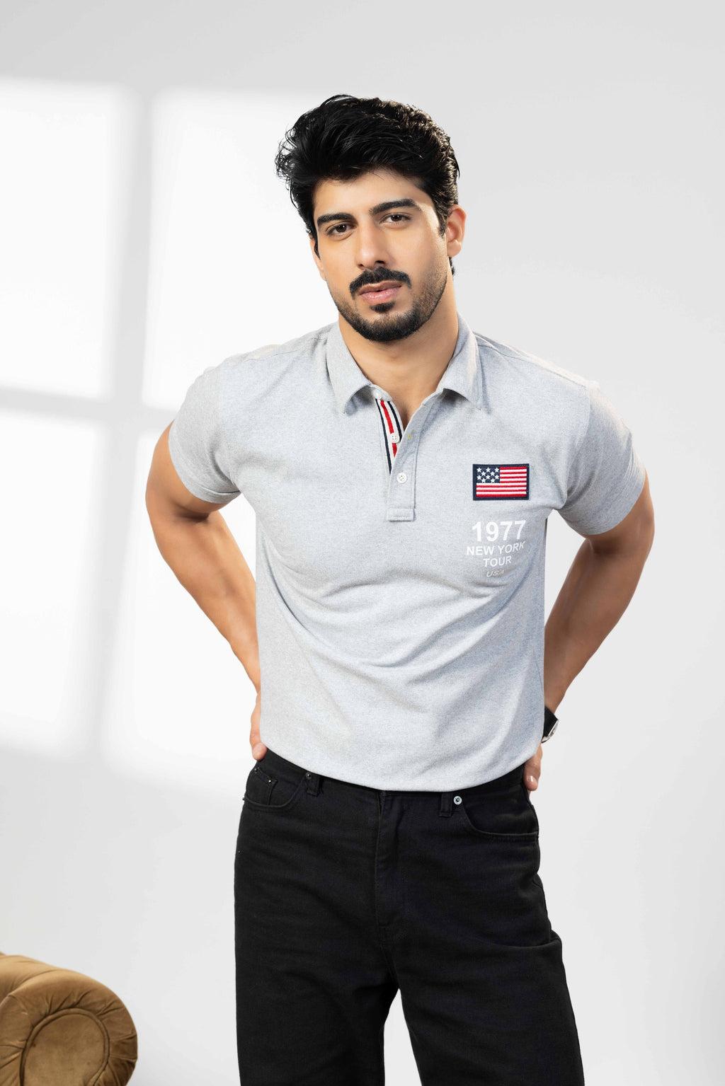Grey Melange Cotton Half Sleeve  Polo T-Shirt with Collar