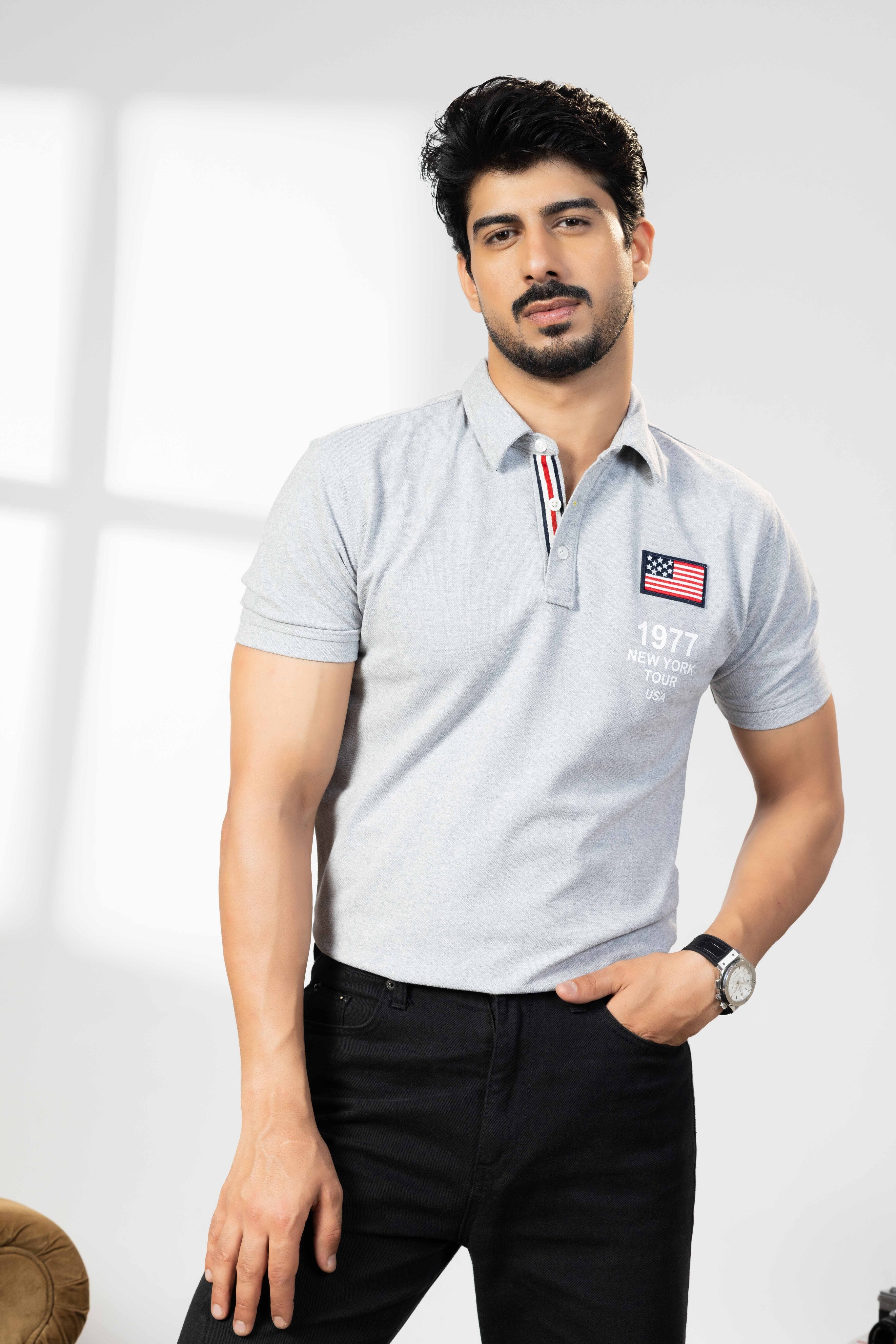 Grey Melange Cotton Half Sleeve  Polo T-Shirt with Collar