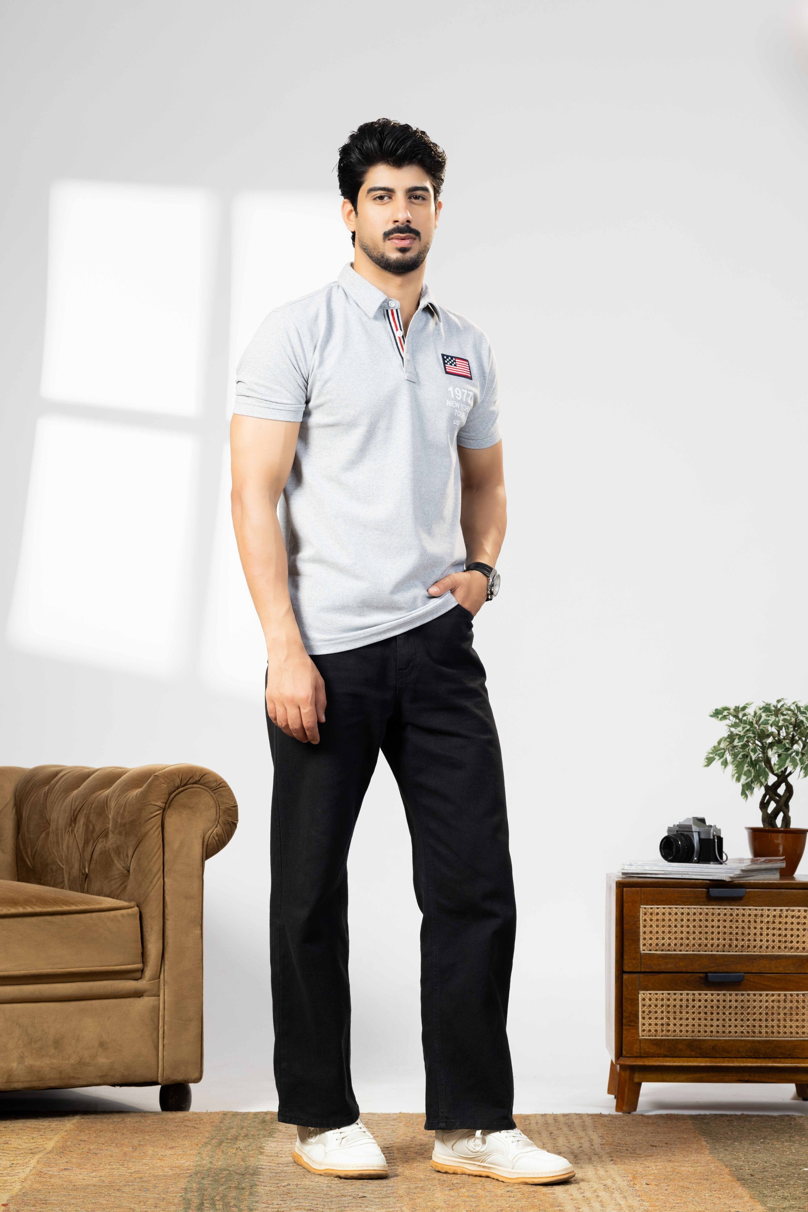 Grey Melange Cotton Half Sleeve  Polo T-Shirt with Collar