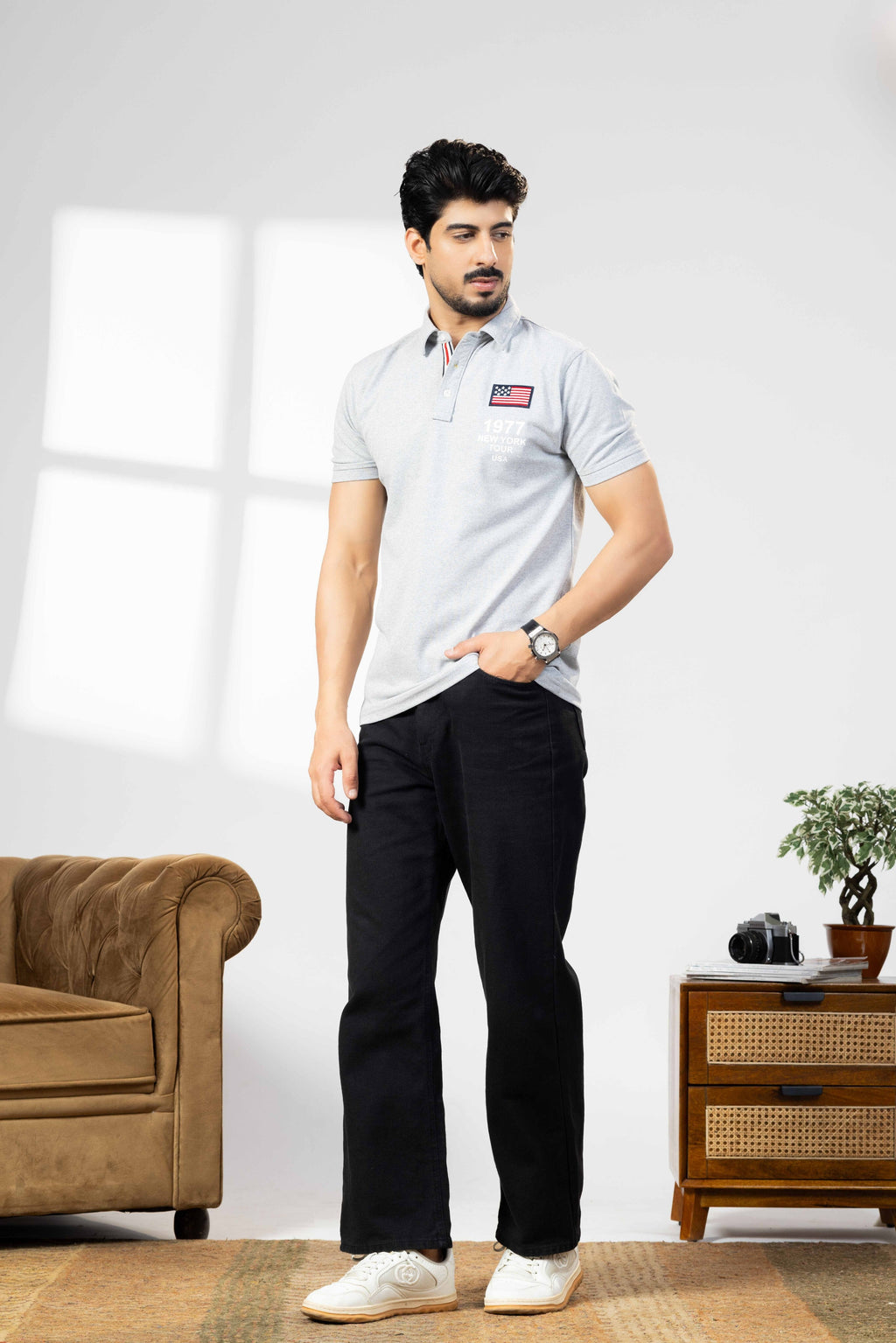 Grey Melange Cotton Half Sleeve  Polo T-Shirt with Collar