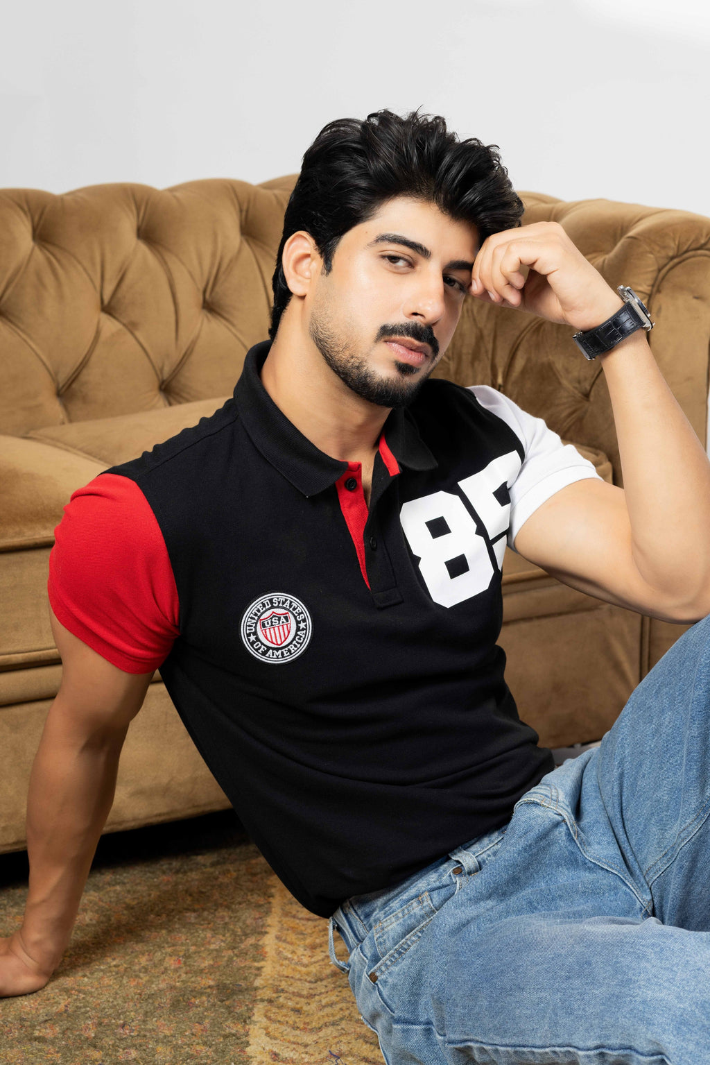 Black Cotton Half Sleeve Printed Polo T-Shirt with Collar