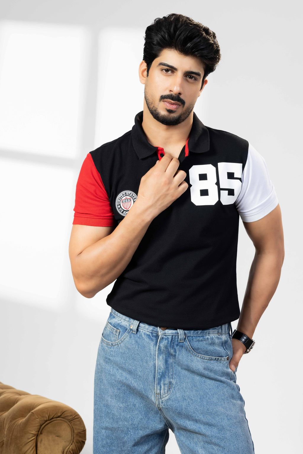 Black Cotton Half Sleeve Printed Polo T-Shirt with Collar