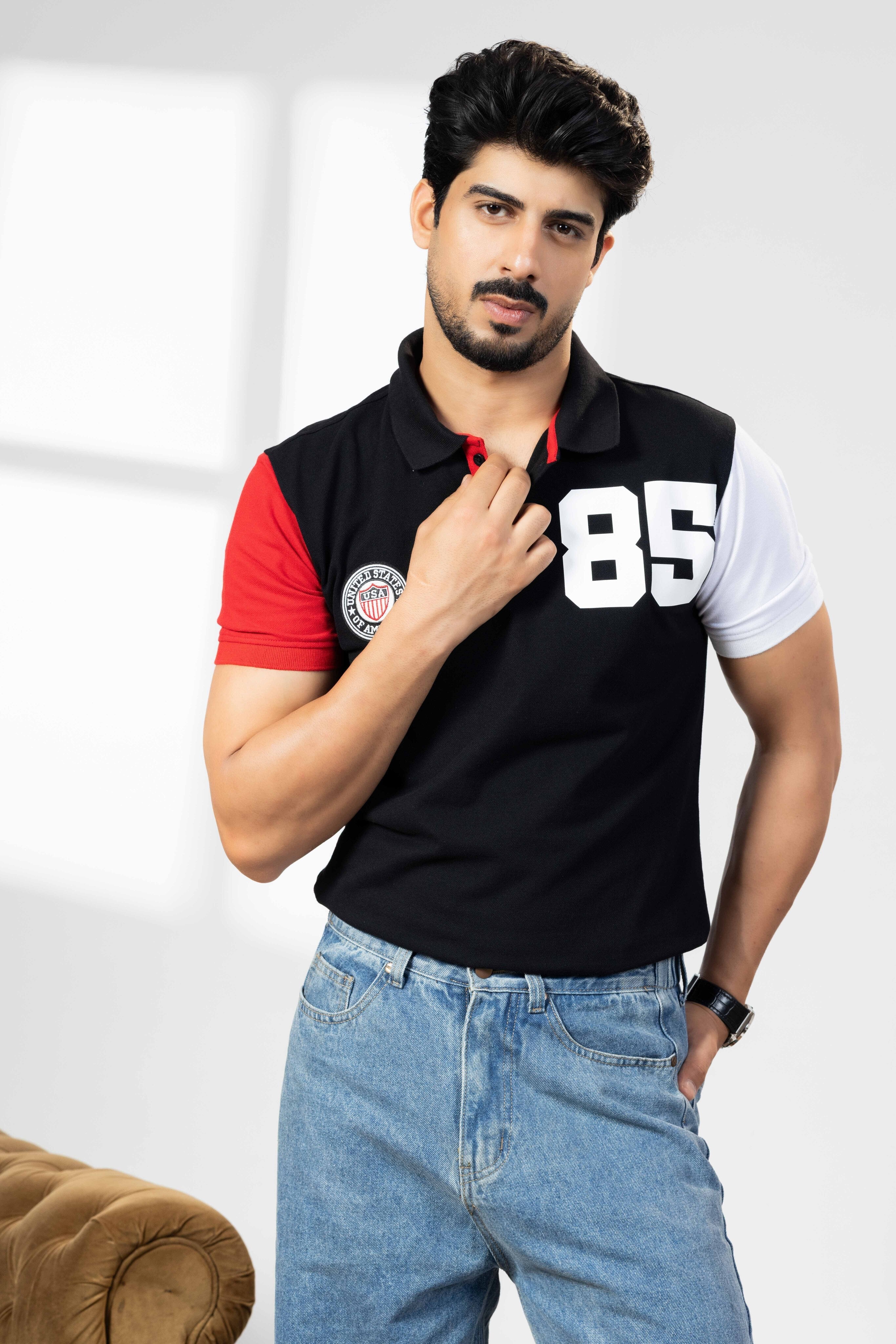 Black Cotton Half Sleeve Printed Polo T-Shirt with Collar