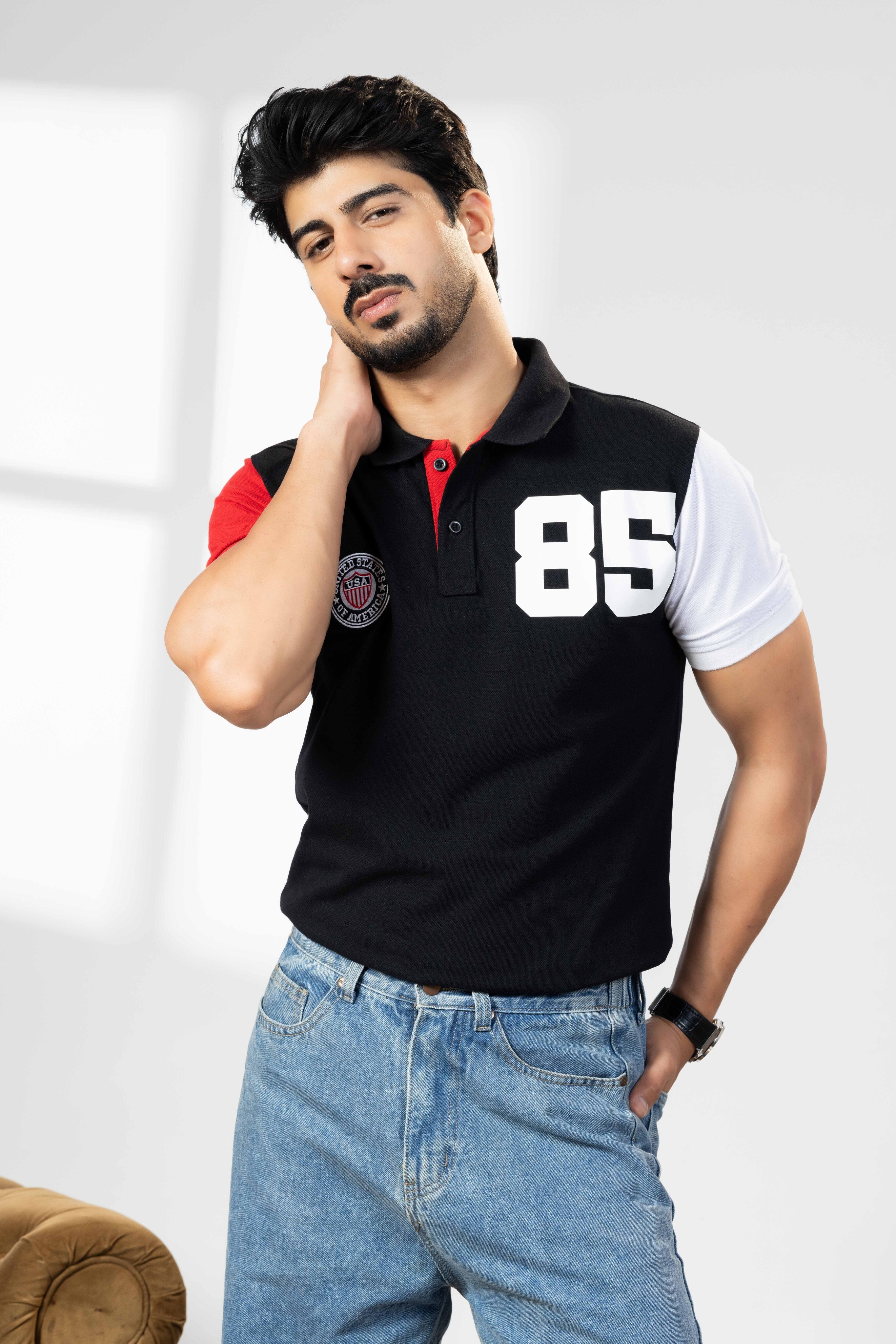 Black Cotton Half Sleeve Printed Polo T-Shirt with Collar