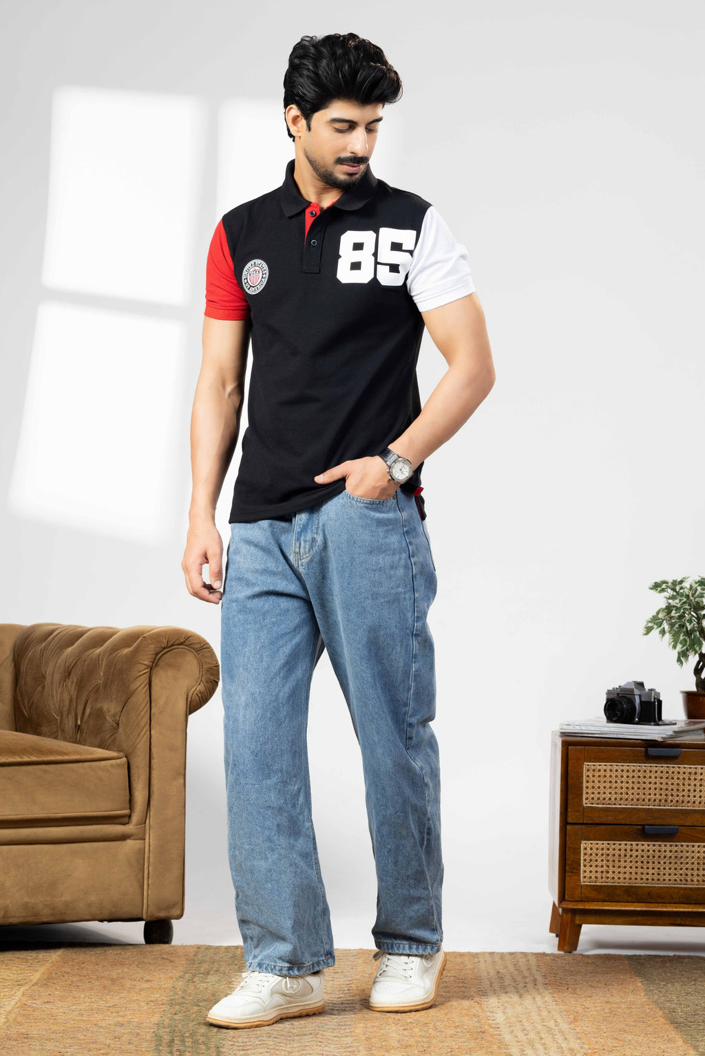 Black Cotton Half Sleeve Printed Polo T-Shirt with Collar