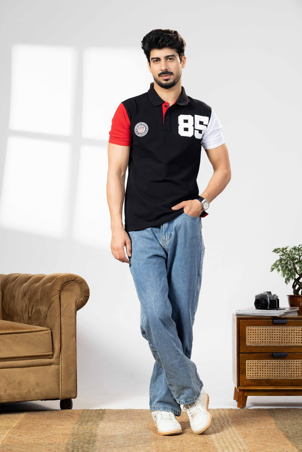 Black Cotton Half Sleeve Printed Polo T-Shirt with Collar