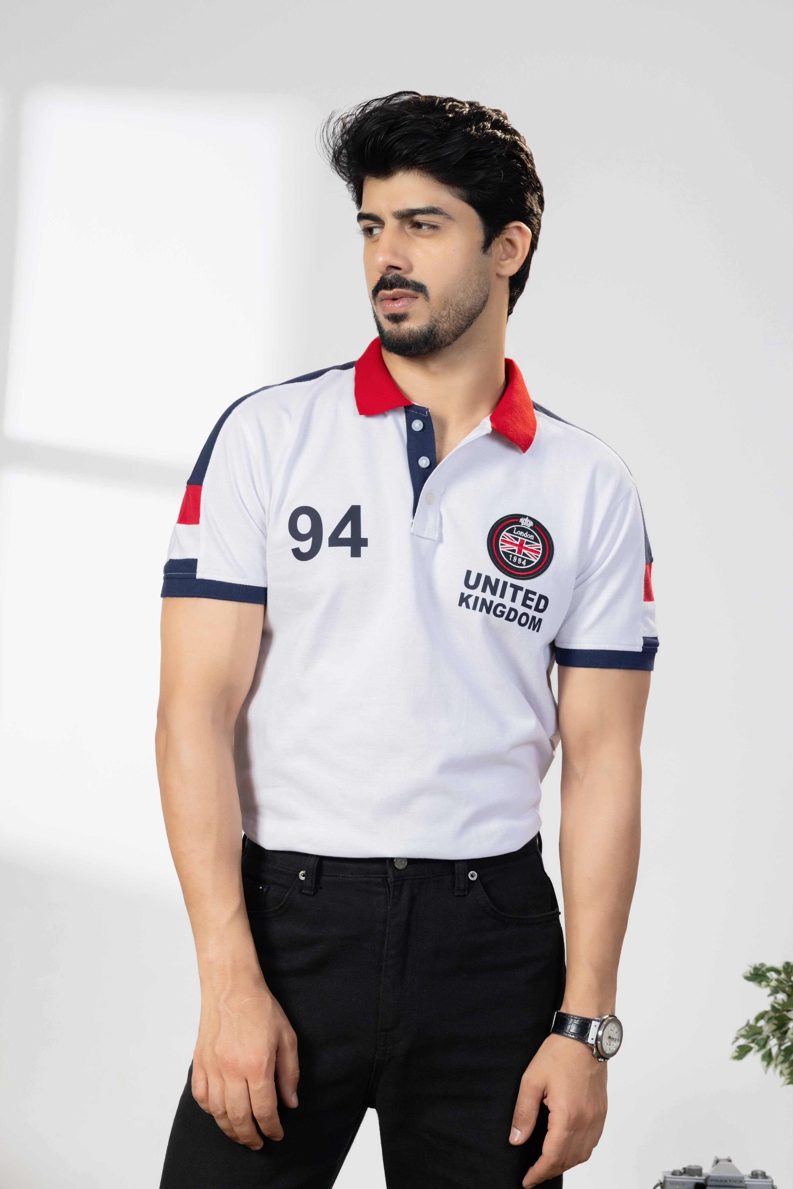 White Cotton Half Sleeve Printed Polo T-Shirt with Collar