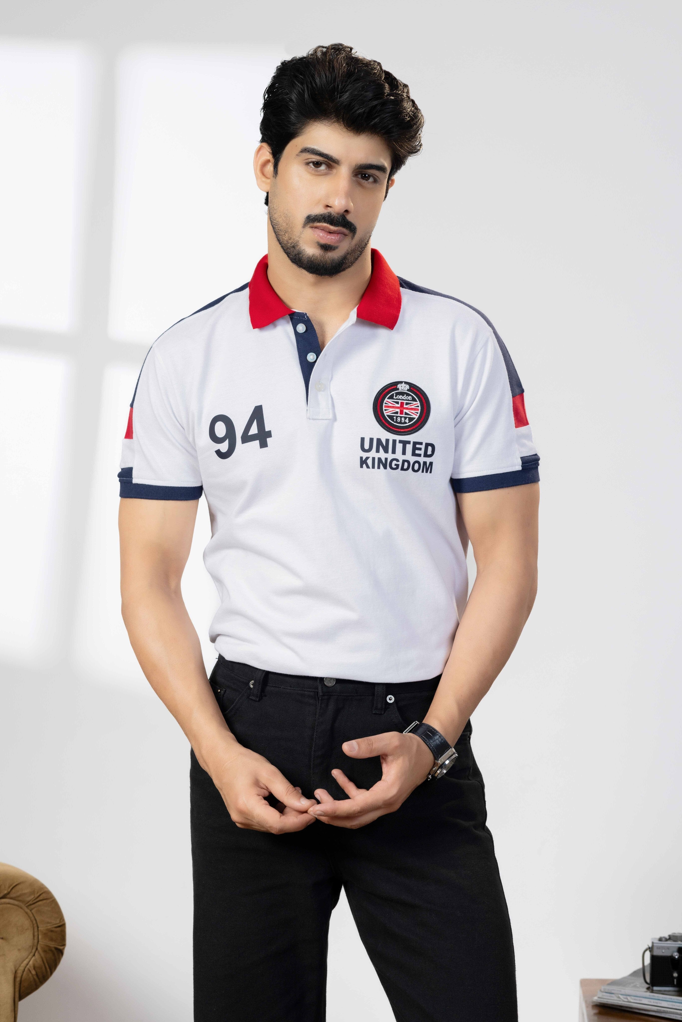 White Cotton Half Sleeve Printed Polo T-Shirt with Collar