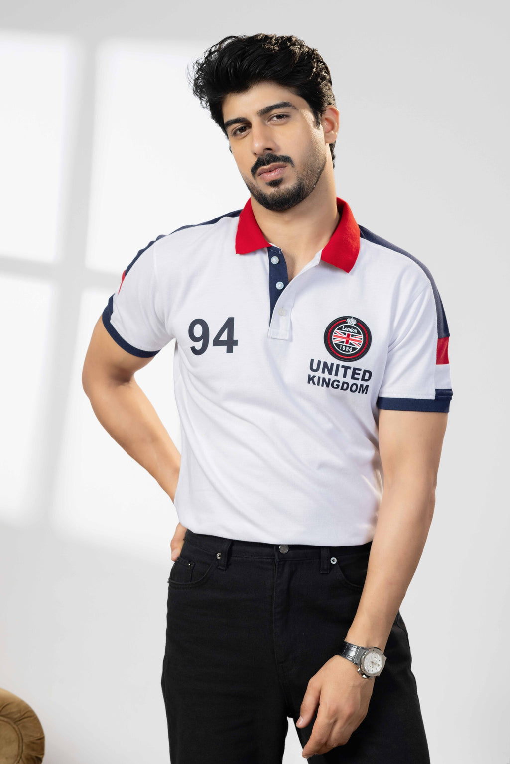 White Cotton Half Sleeve Printed Polo T-Shirt with Collar