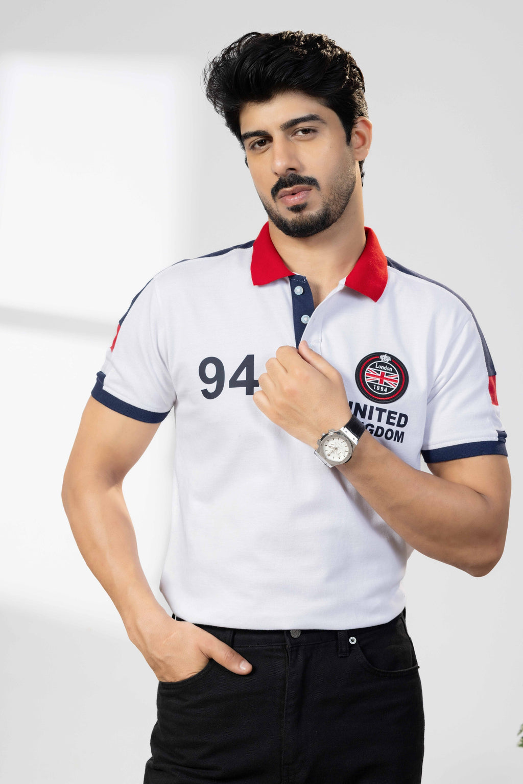 White Cotton Half Sleeve Printed Polo T-Shirt with Collar