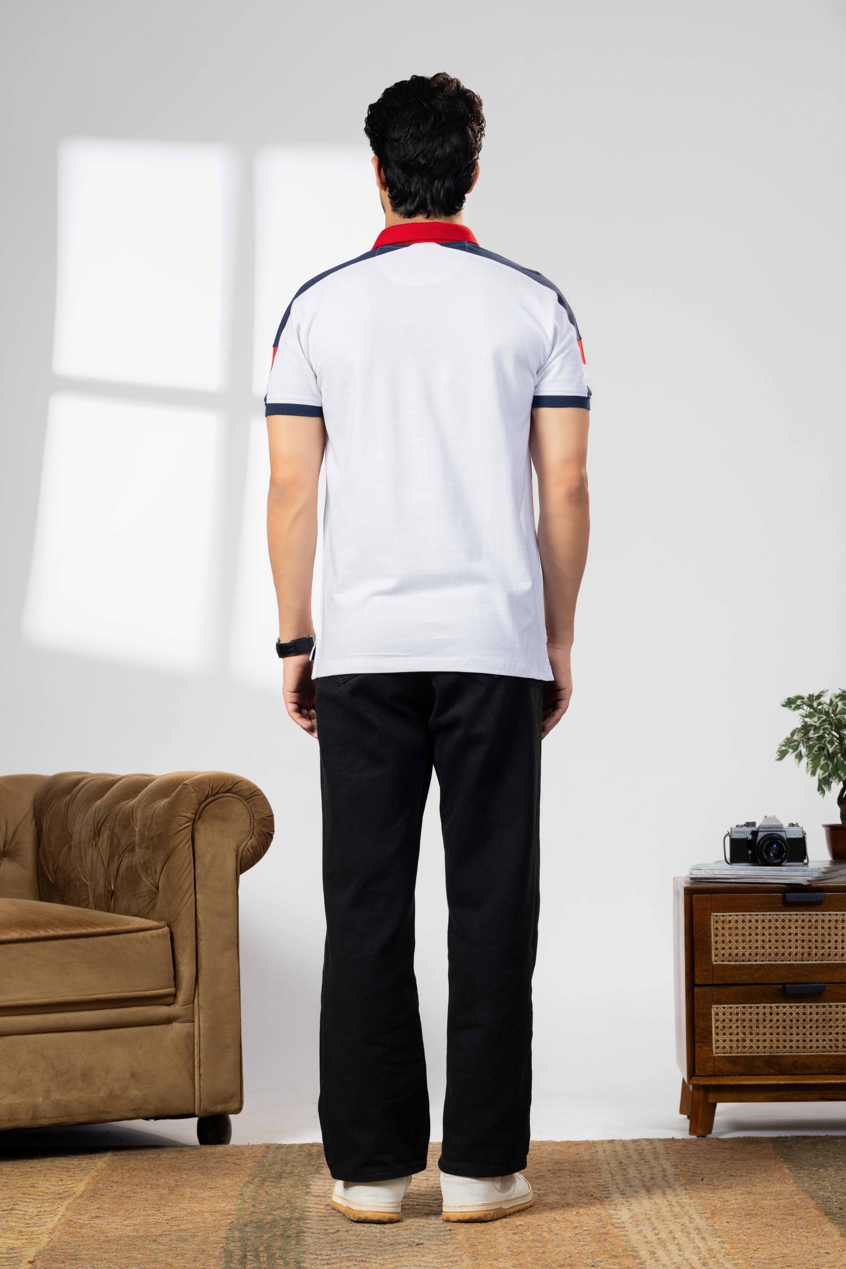 White Cotton Half Sleeve Printed Polo T-Shirt with Collar