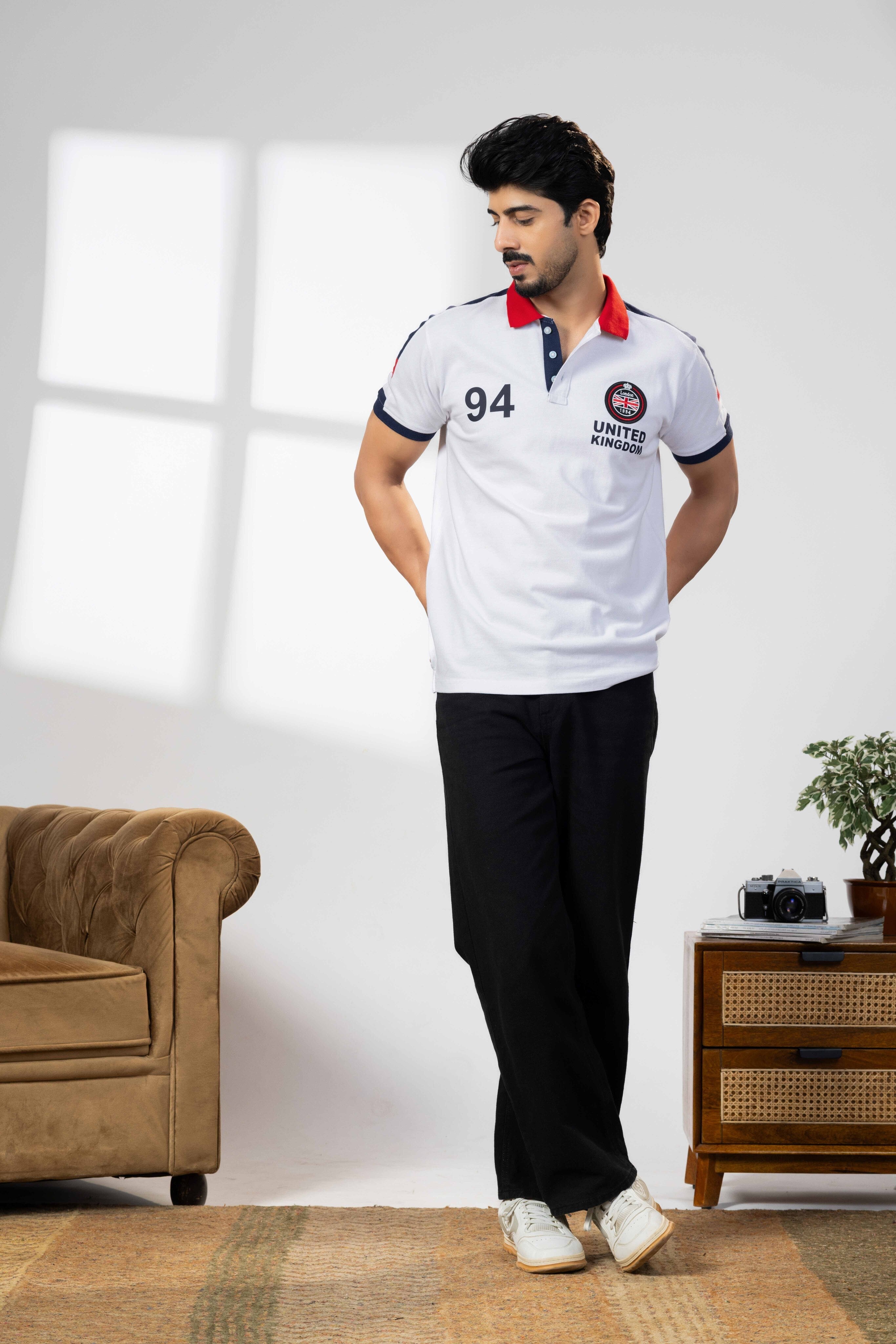 White Cotton Half Sleeve Printed Polo T-Shirt with Collar