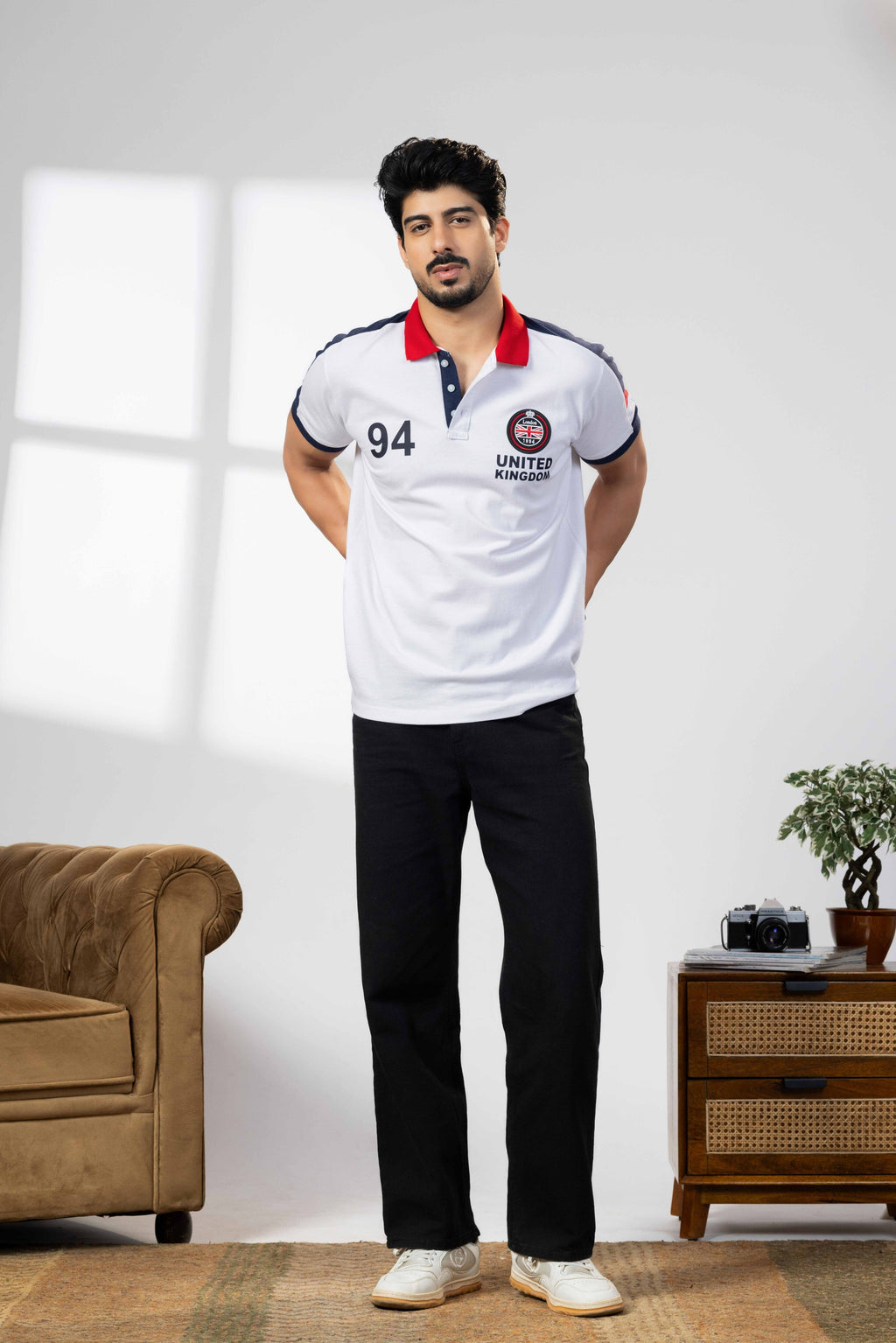 White Cotton Half Sleeve Printed Polo T-Shirt with Collar