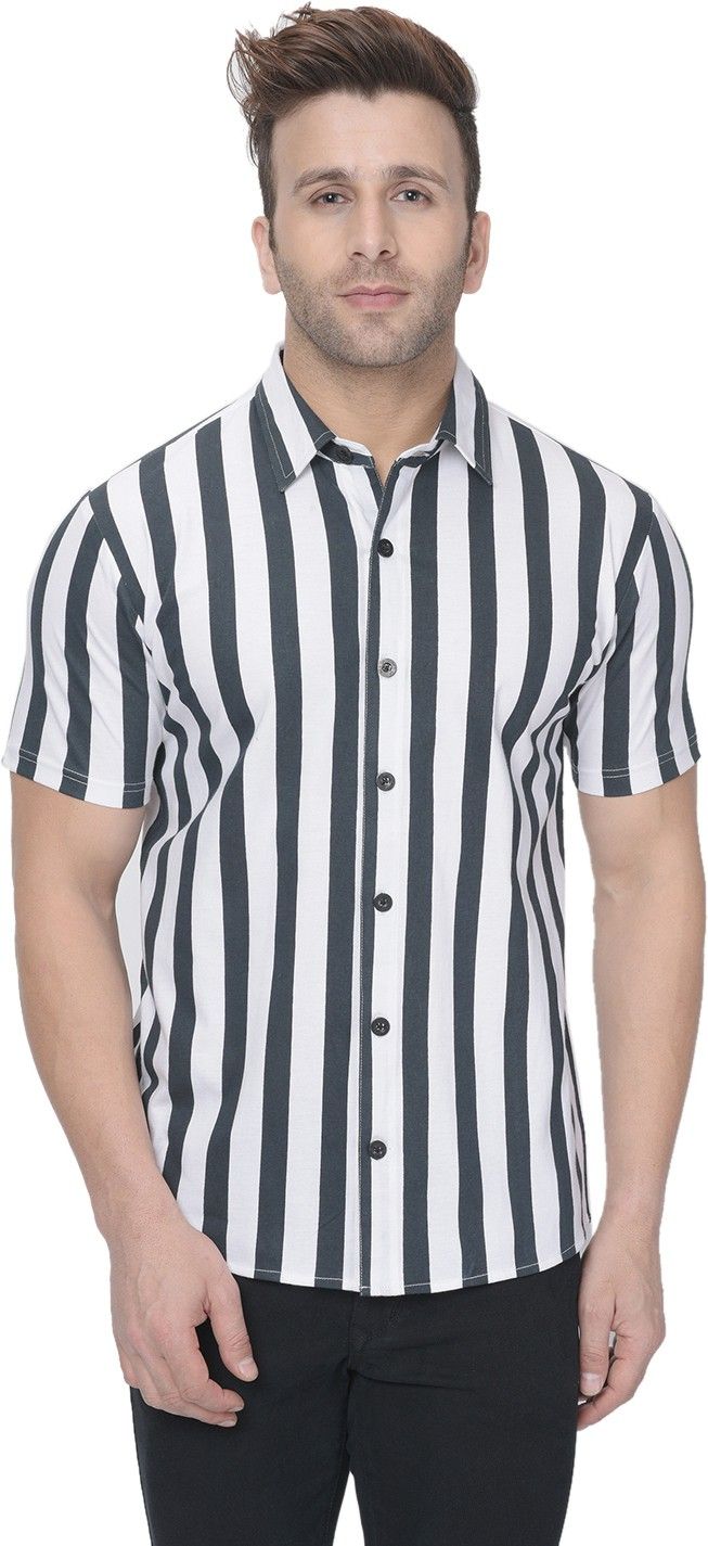 White Men Striped Half Sleeve Cotton Shirt