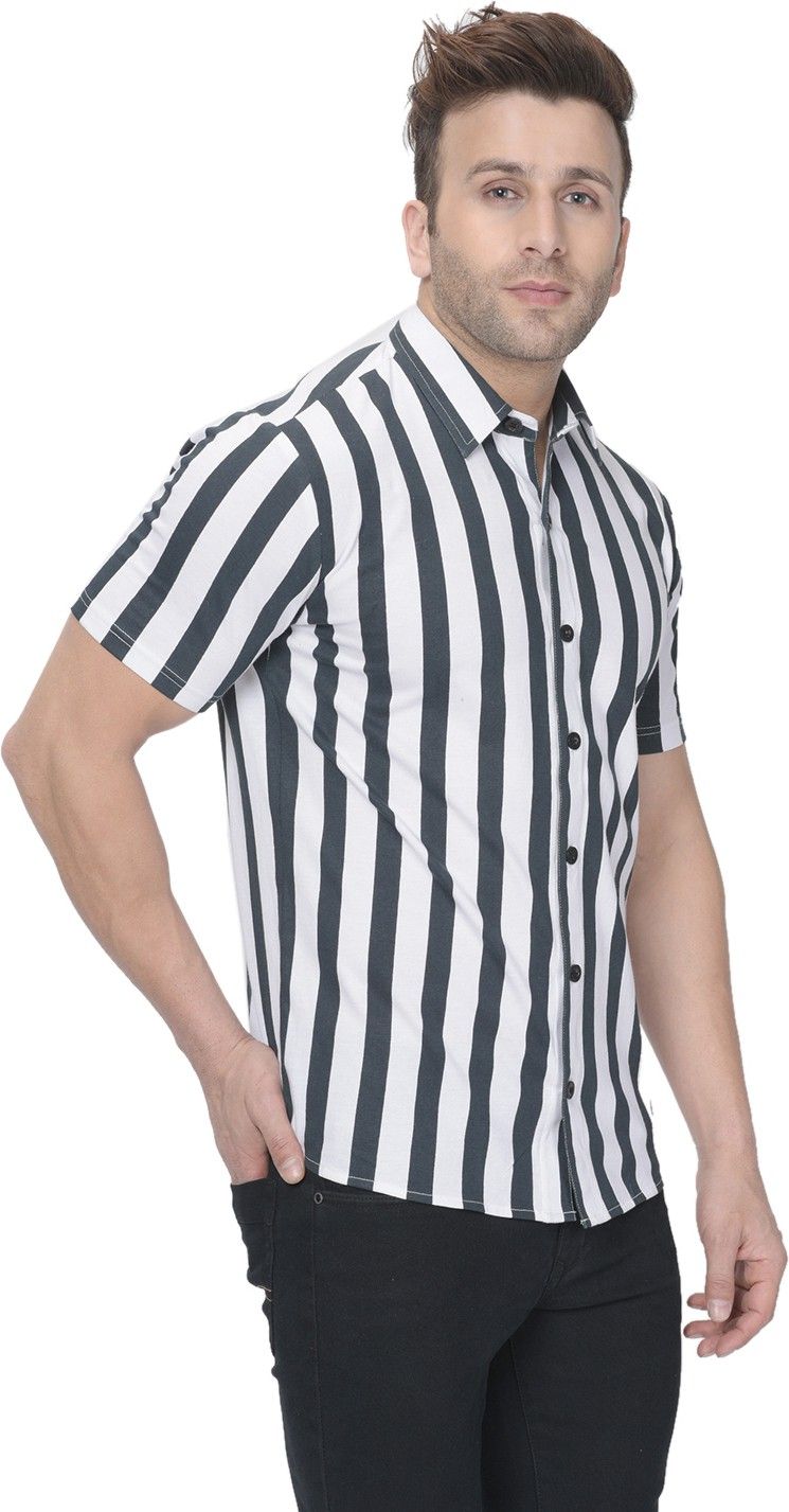 White Men Striped Half Sleeve Cotton Shirt