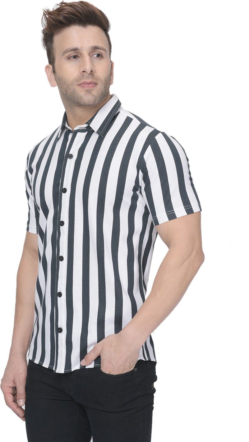 White Men Striped Half Sleeve Cotton Shirt