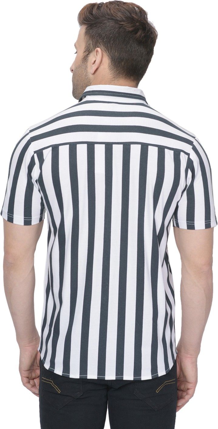 White Men Striped Half Sleeve Cotton Shirt