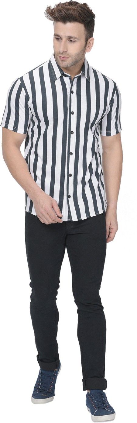 White Men Striped Half Sleeve Cotton Shirt