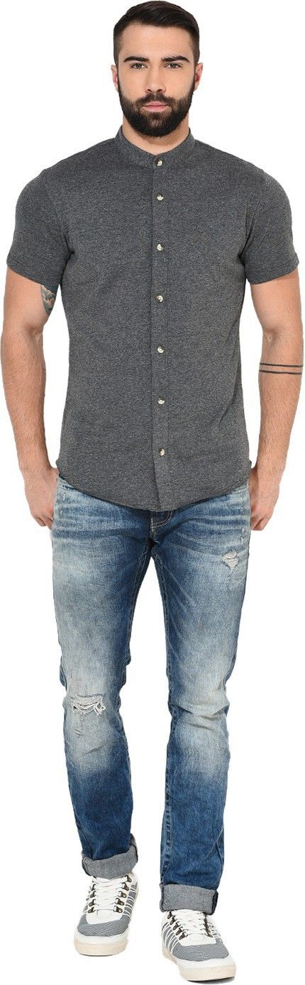 Anthra Men Mandarin Collar Solid Shirt