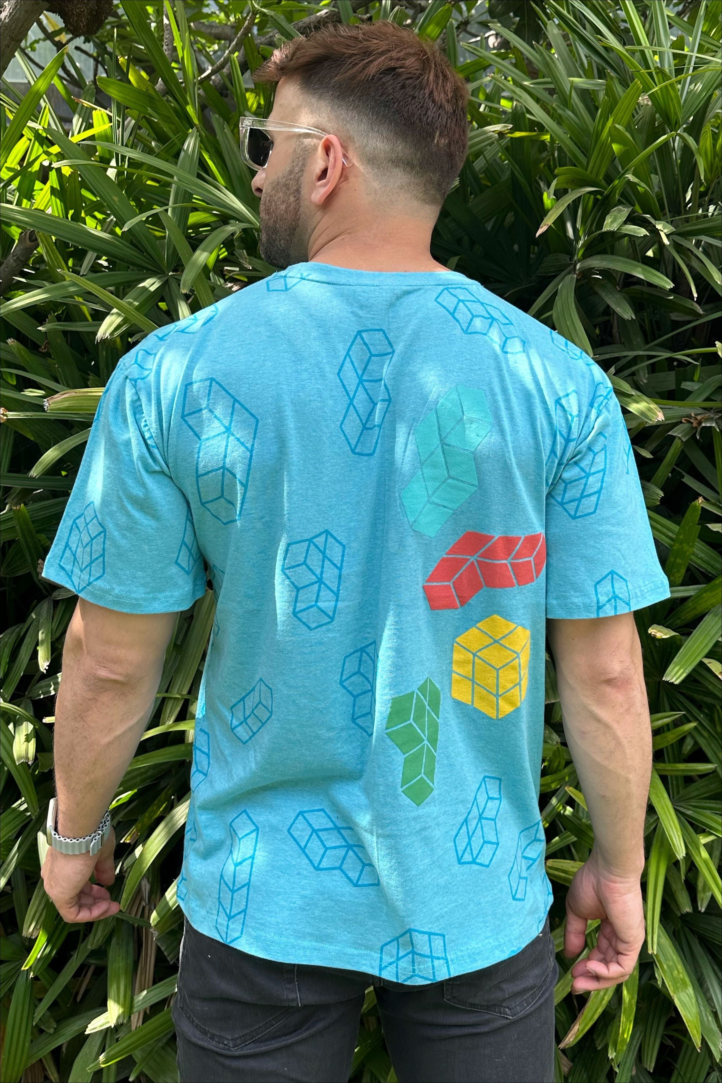 Blue Self Design Cube Print T-shirt