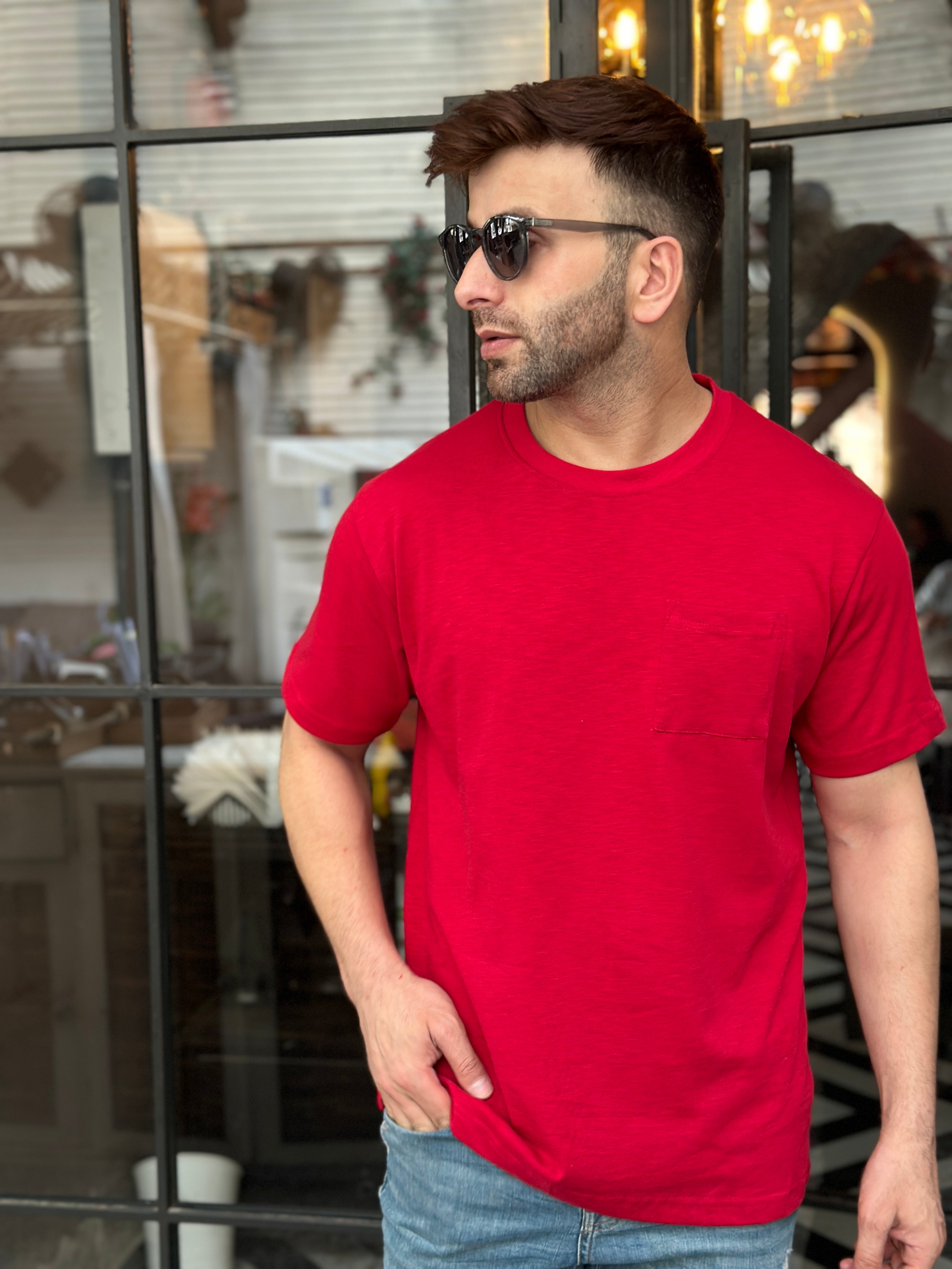 Maroon Oversized Self Design Pocket T-Shirt