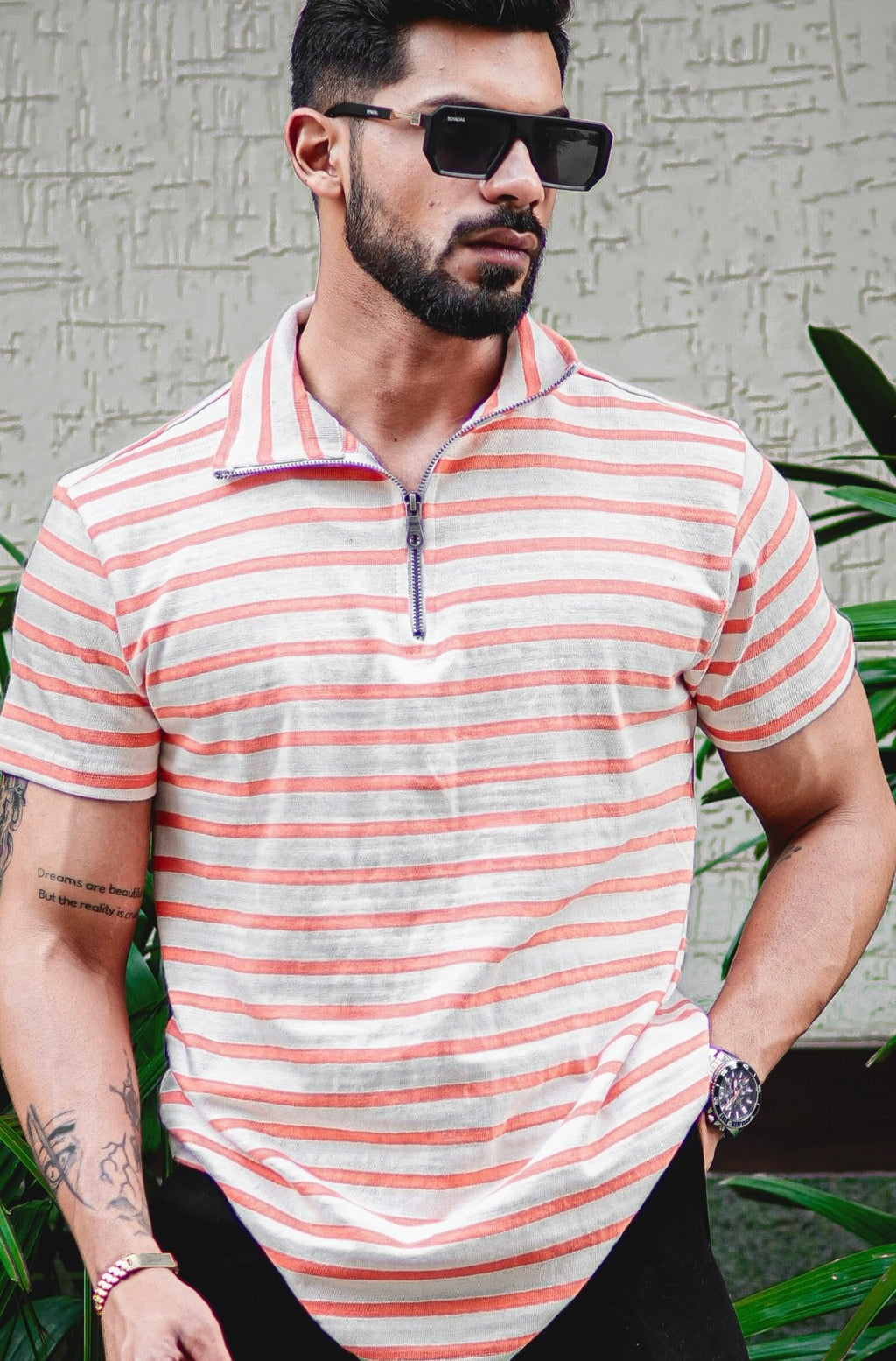 Multicolor Striper Zipper T-Shirt