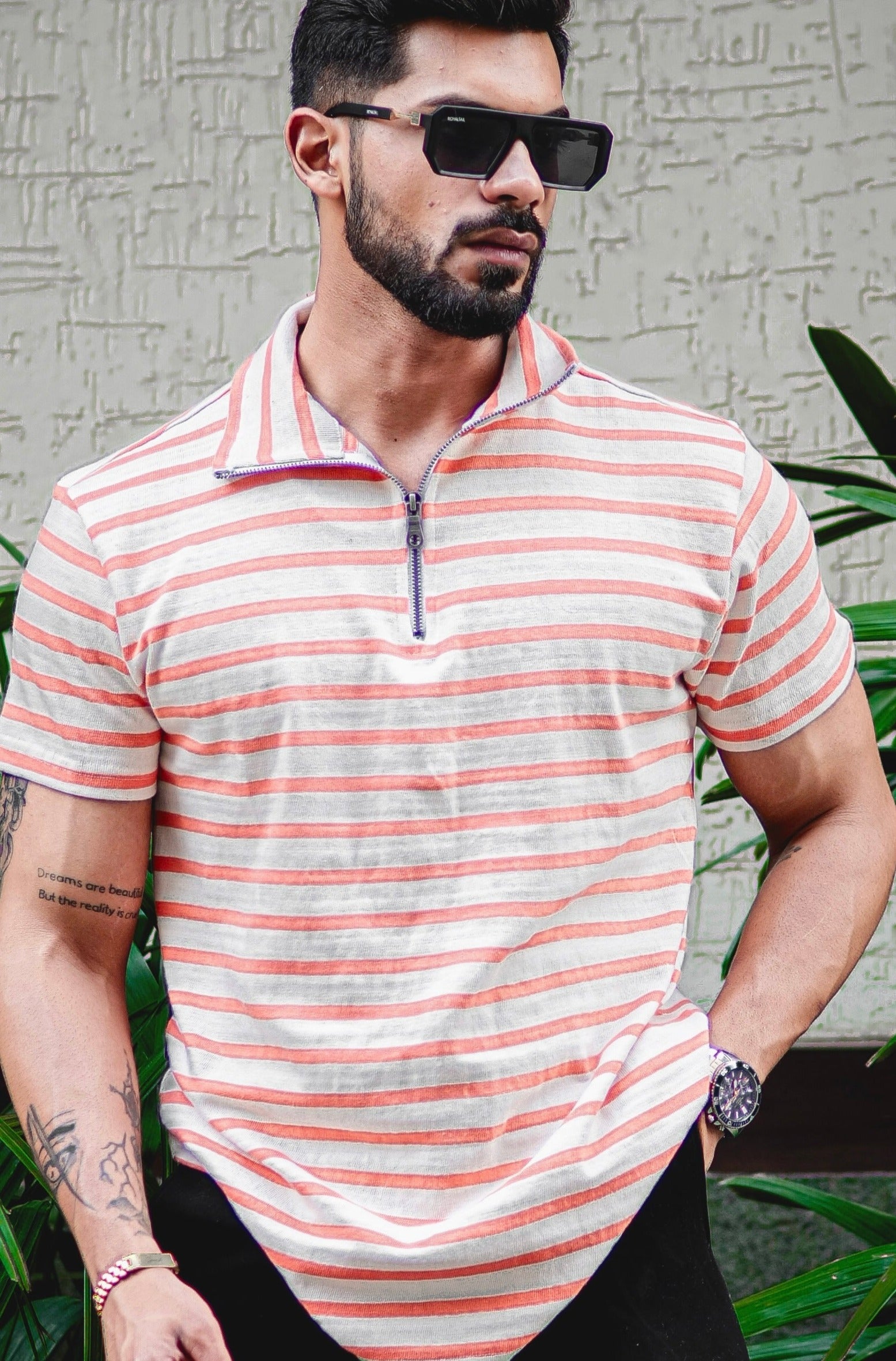 Multicolor Striper Zipper T-Shirt