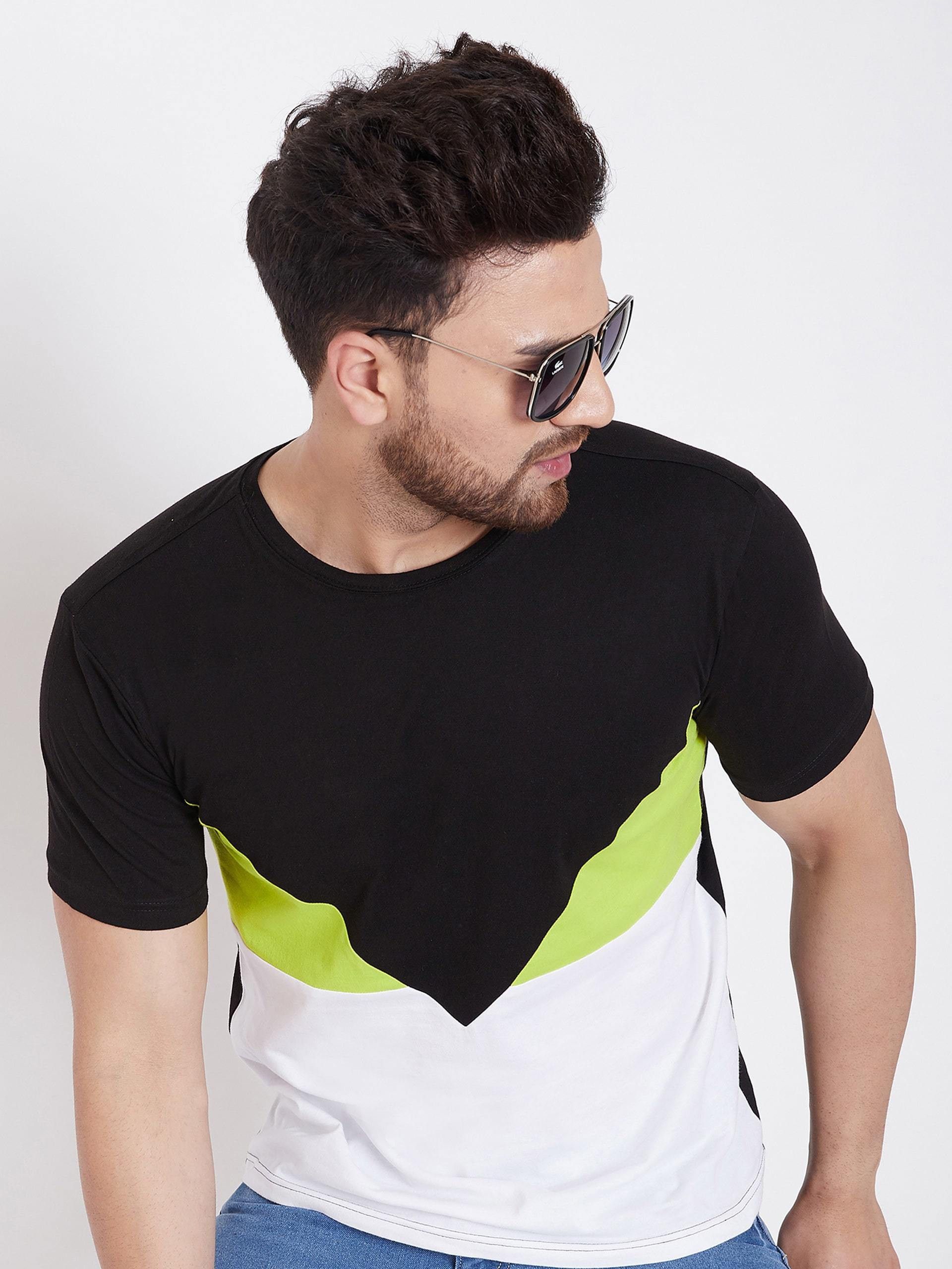 Black White Men Color Blocked Cotton T-Shirt