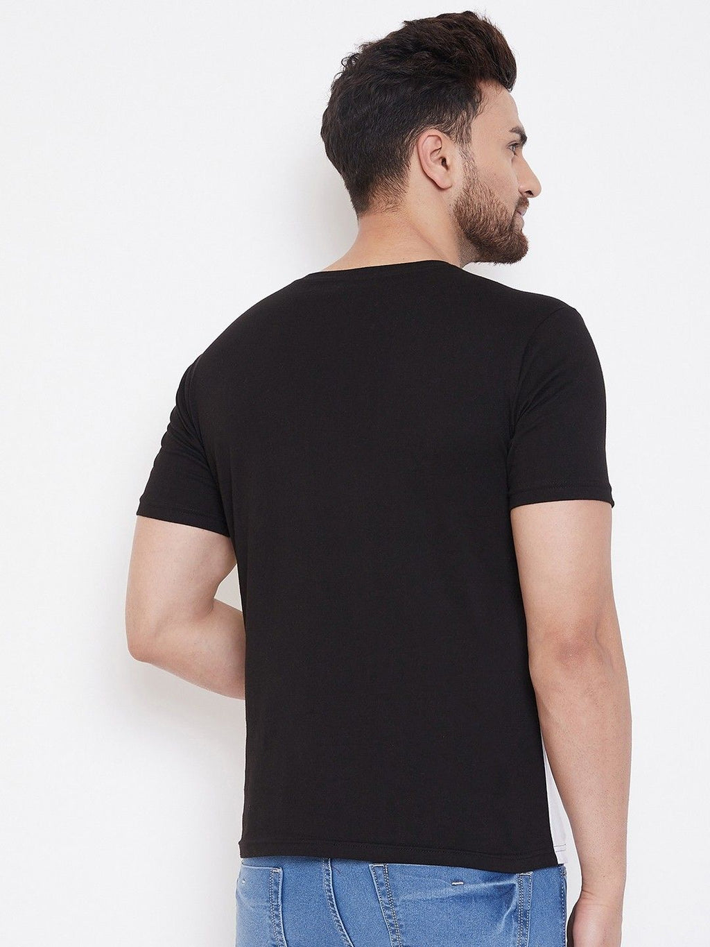 Black White Men Color Blocked Cotton T-Shirt