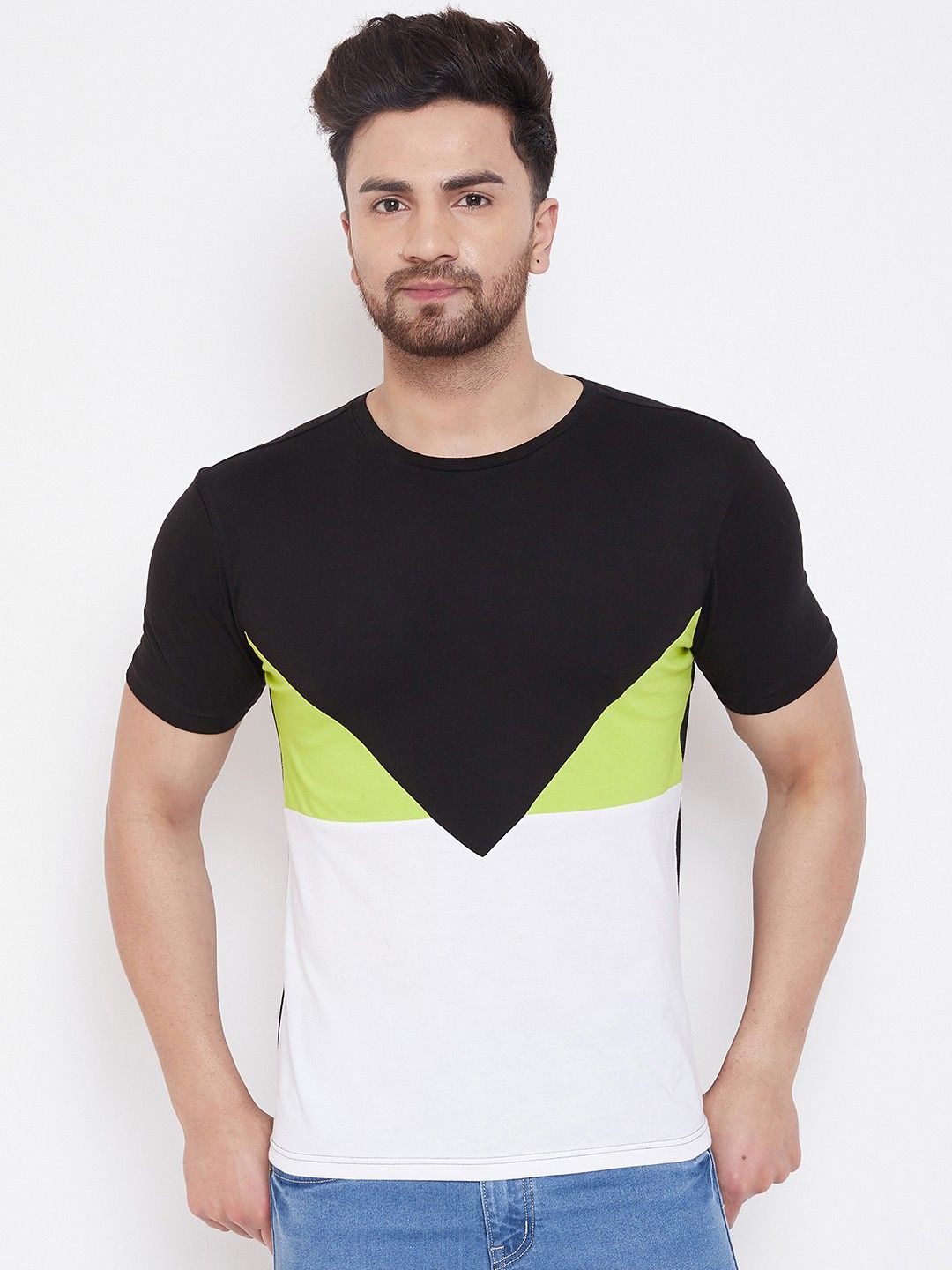 Black White Men Color Blocked Cotton T-Shirt